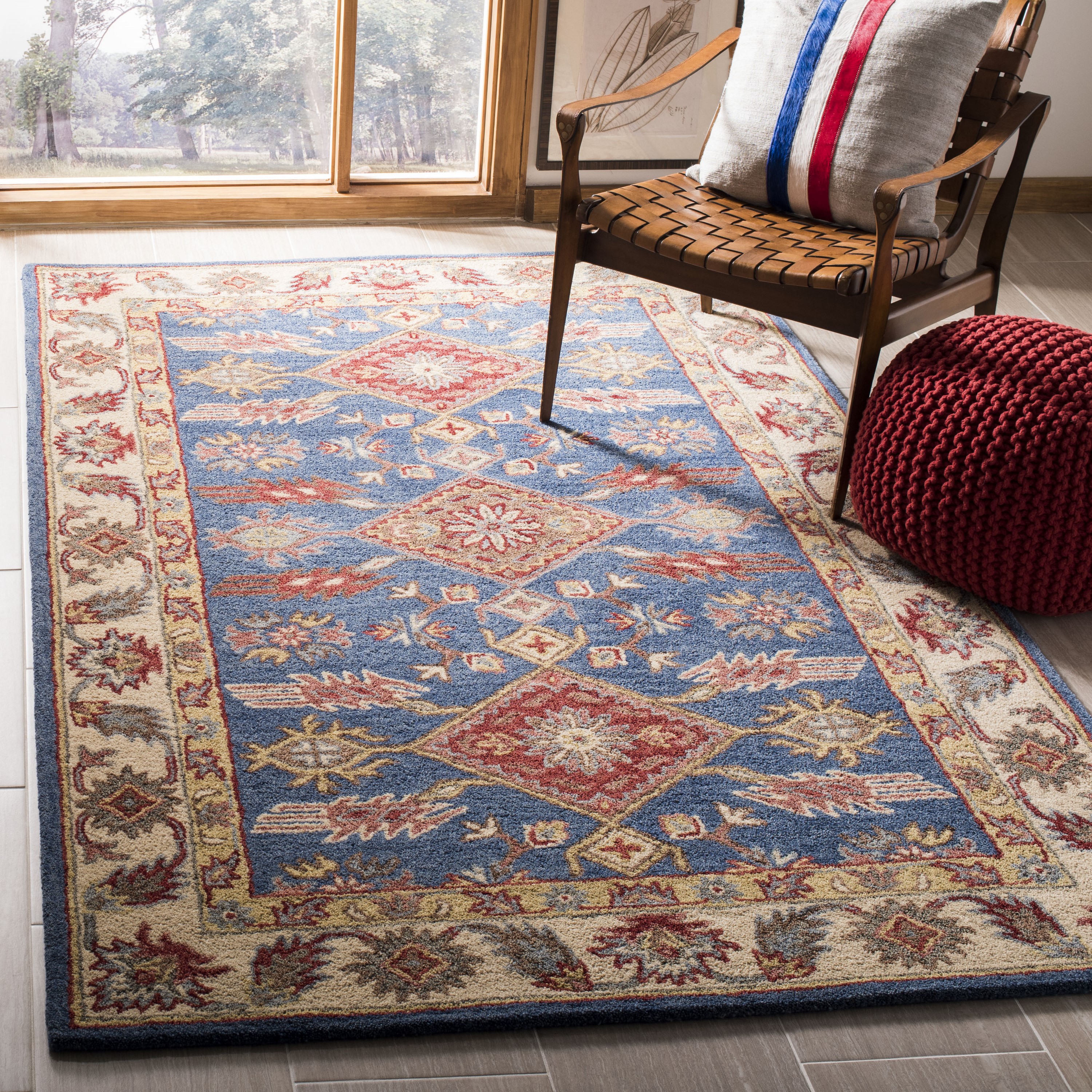 Blue and Red Hand-Tufted Wool 4' x 6' Area Rug