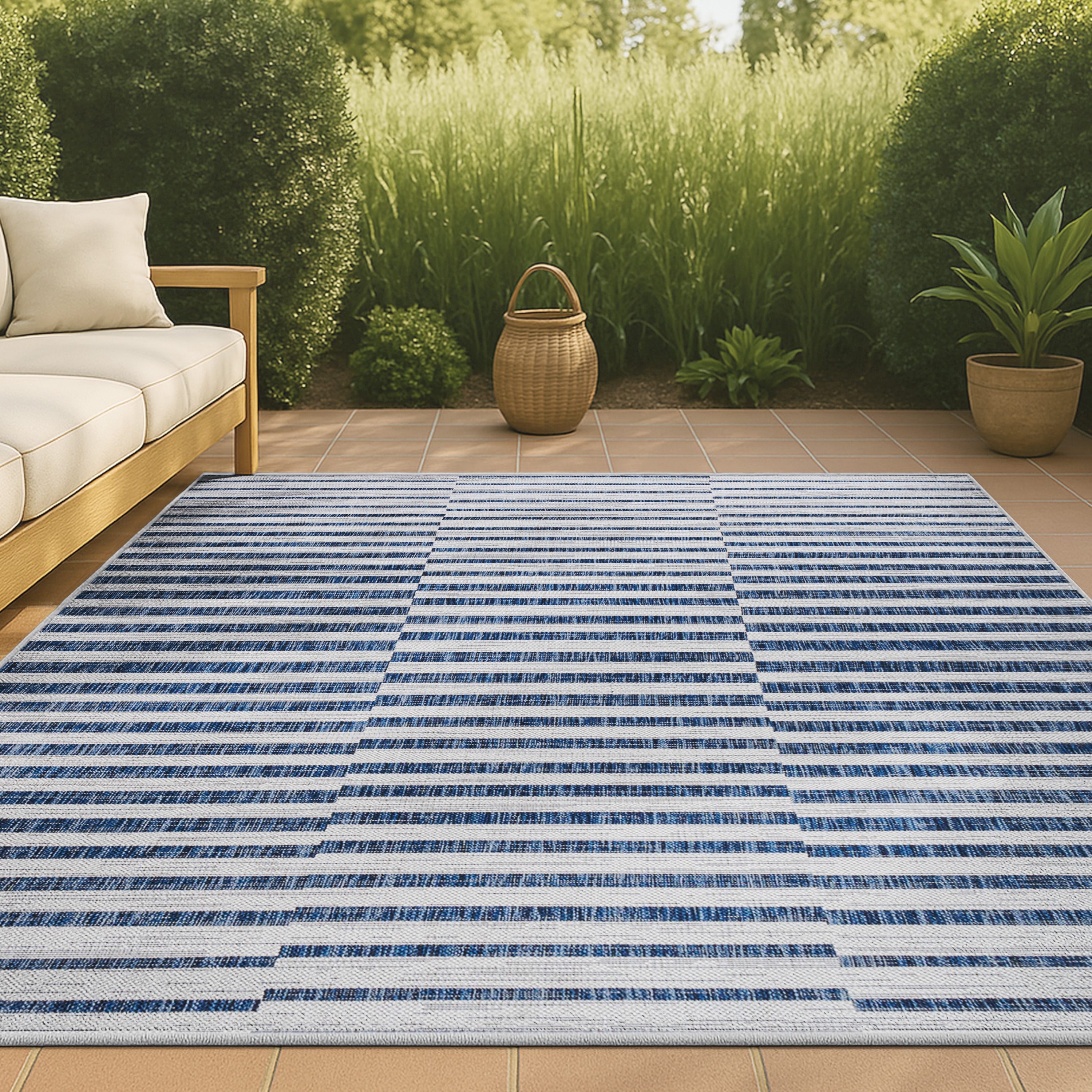 JONATHAN  Y SMB133C-5 Santa Monica Sukie Offset 5 x 8 (ft) Loomed Polypropylene Ivory/Blue Rectangular Indoor/Outdoor Stripe Bohemian/Eclectic Area rug