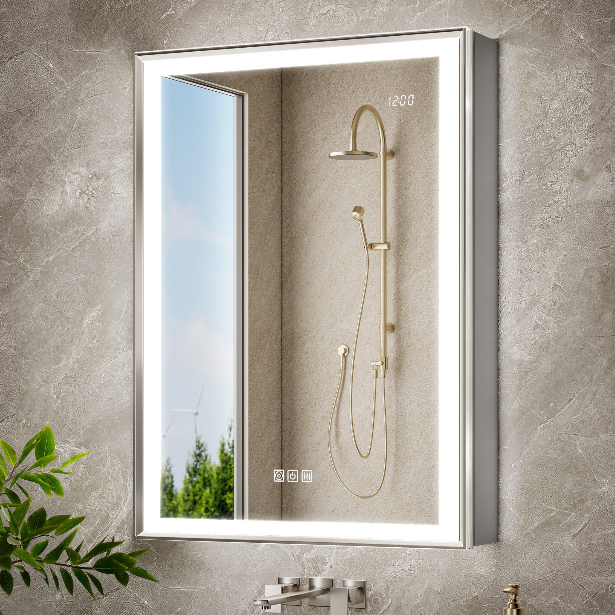 QueenFun MCBL2432RBN Zena 24.01-in x 32-in Lighted LED Fog Free Surface/Recessed Mount Brushed Nickel Mirrored Rectangle Soft Close Medicine Cabinet