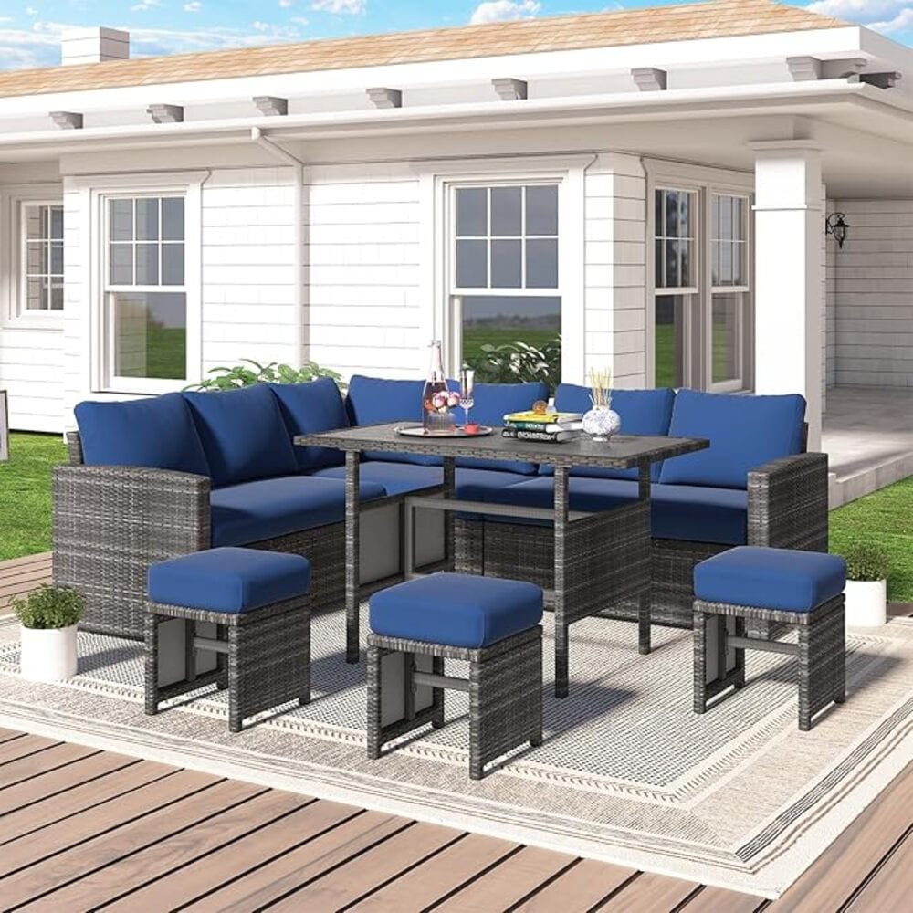 AECOJOY 16076DBU-LS01 Conversation Set Outdoor Sectional with Navy Cushions and Wicker Frame