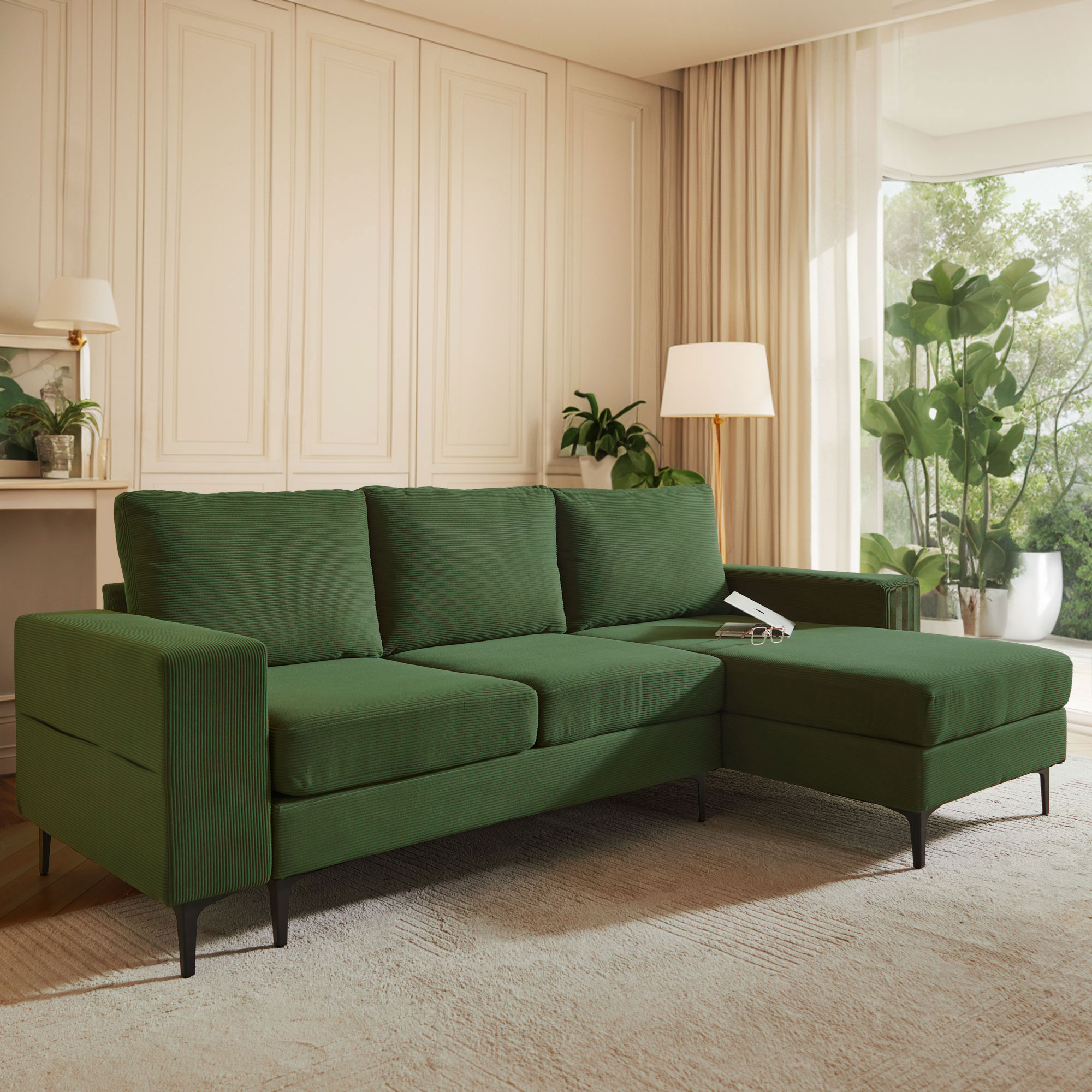 weaxty DCDCO2R660 96.85-in Modern Atrovirens Corduroy Sofa