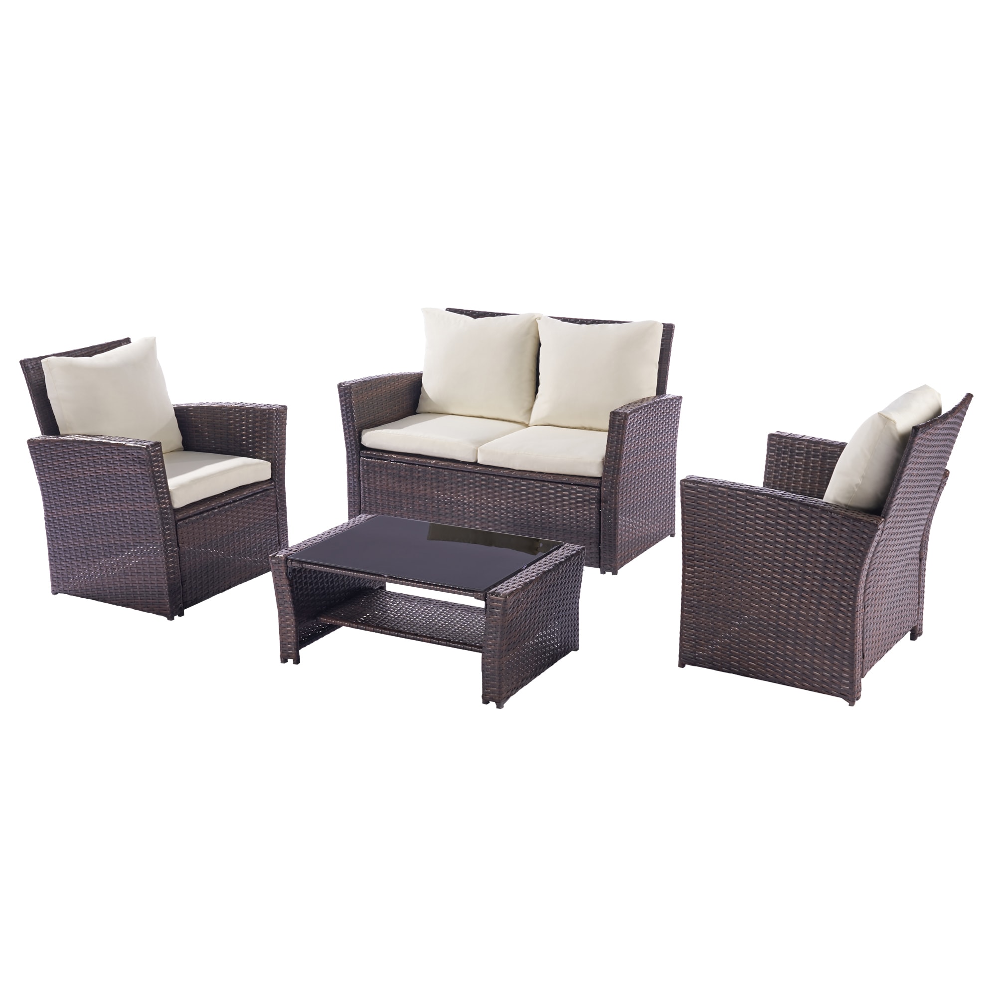 Forclover ALLS-N02RD 4 -Piece Wicker Patio Conversation Set with Off-white Cushions