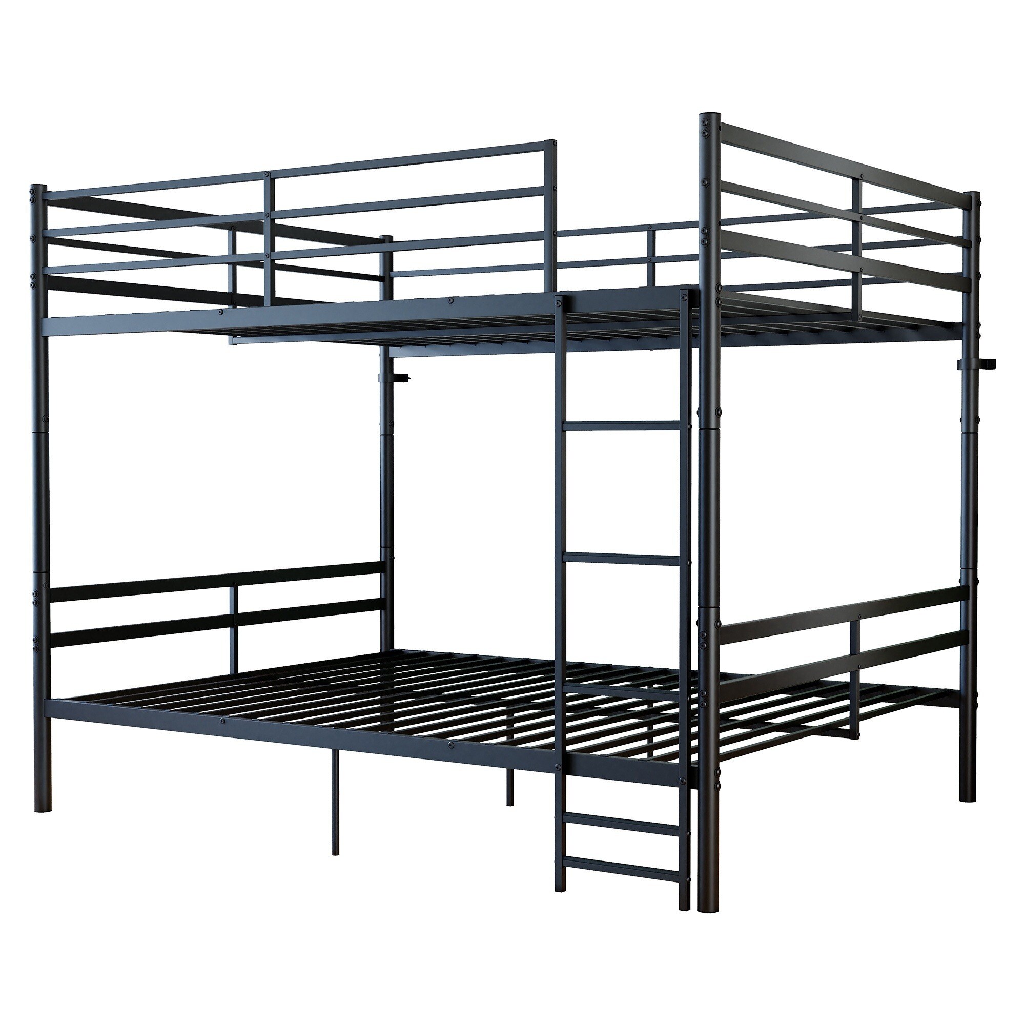 UOI - Queen Size Black Heavy-Duty Iron Bunk Bed with Ladder and High Guardrails 20 Crossbars 88...