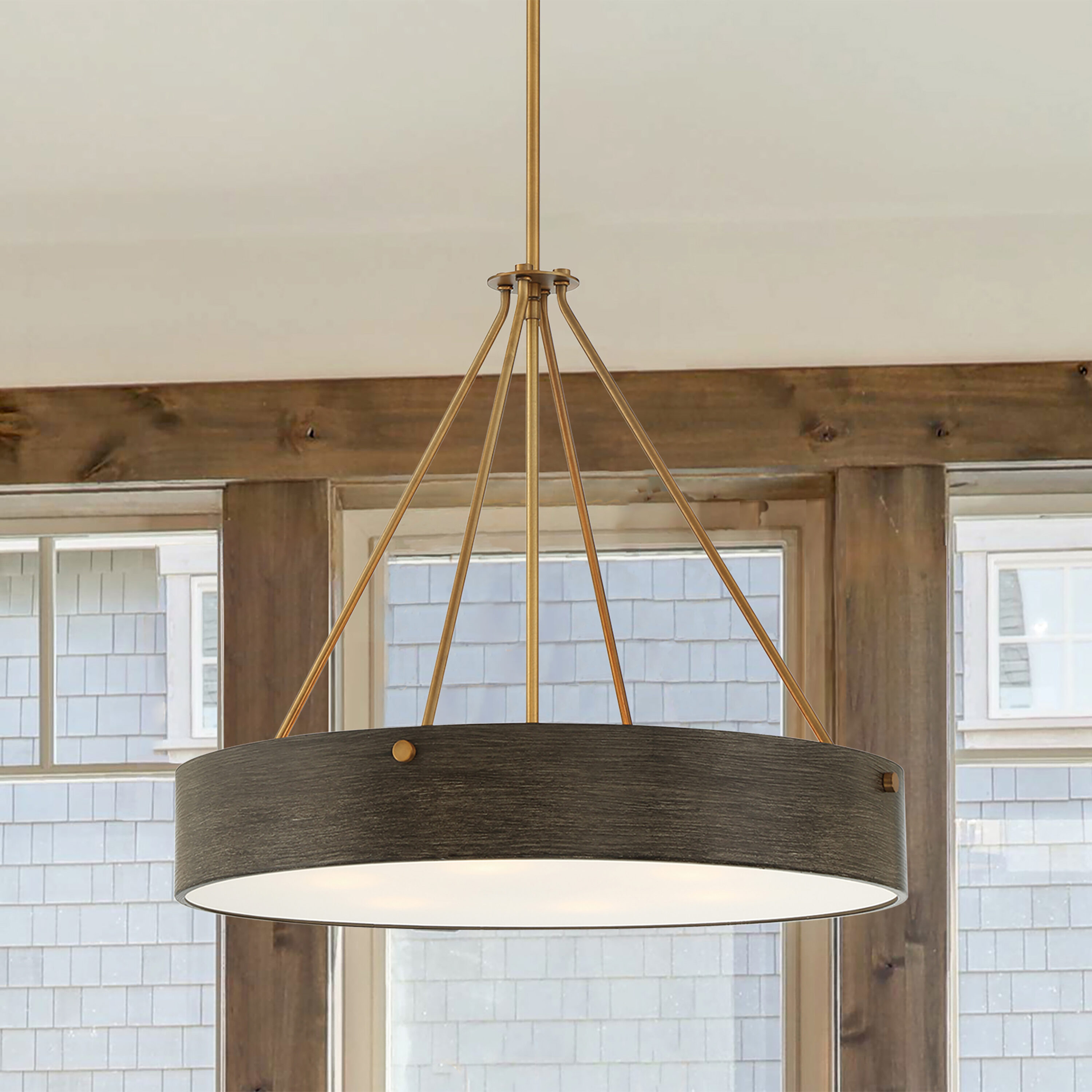 Erba Urban Slate 24" Brass Drum Pendant Light for Indoor/Outdoor