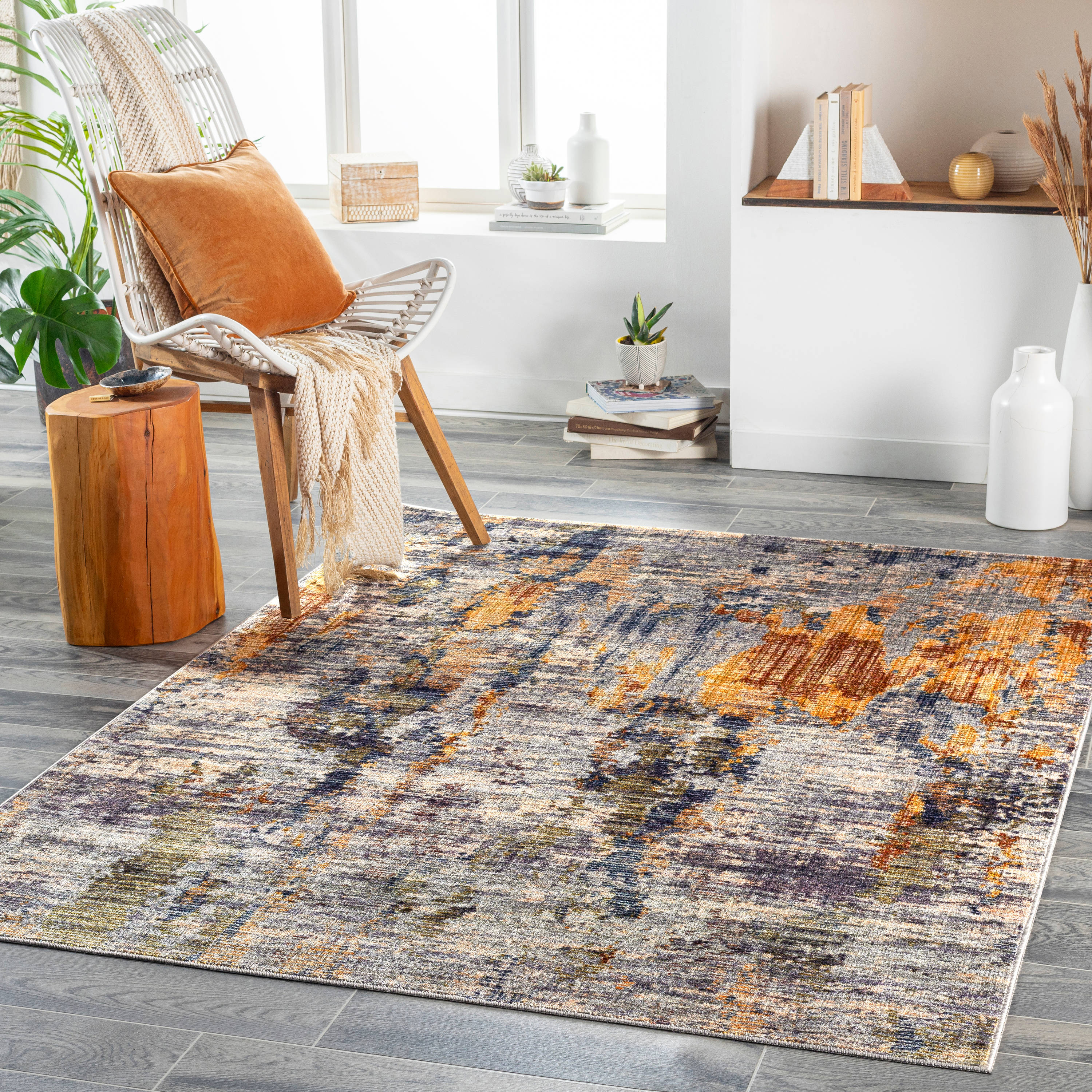 Gray Abstract Synthetic Reversible Washable Rug 2'7" x 4'