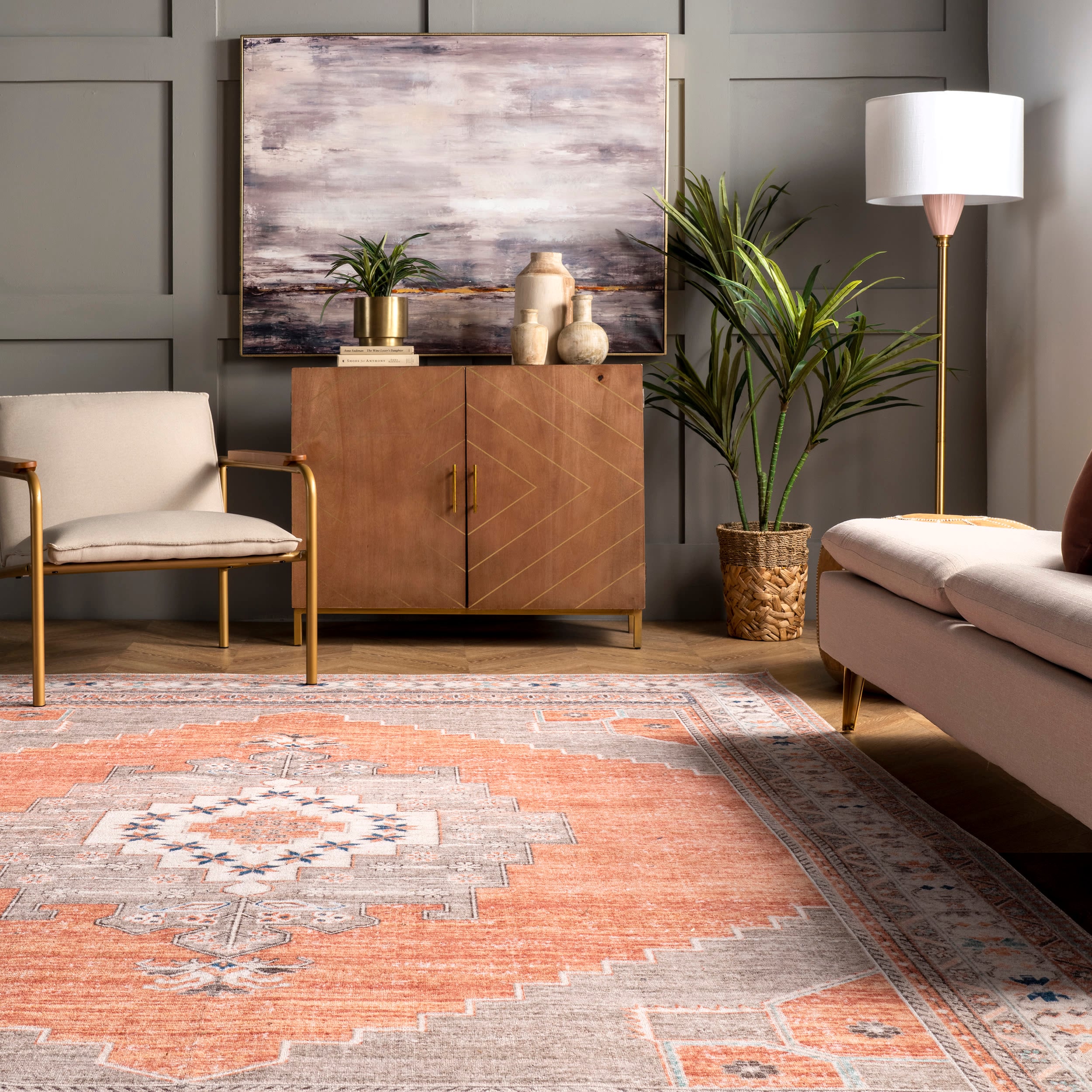 Alicia Gray and Rust Synthetic Medallion Washable 4' x 6' Area Rug