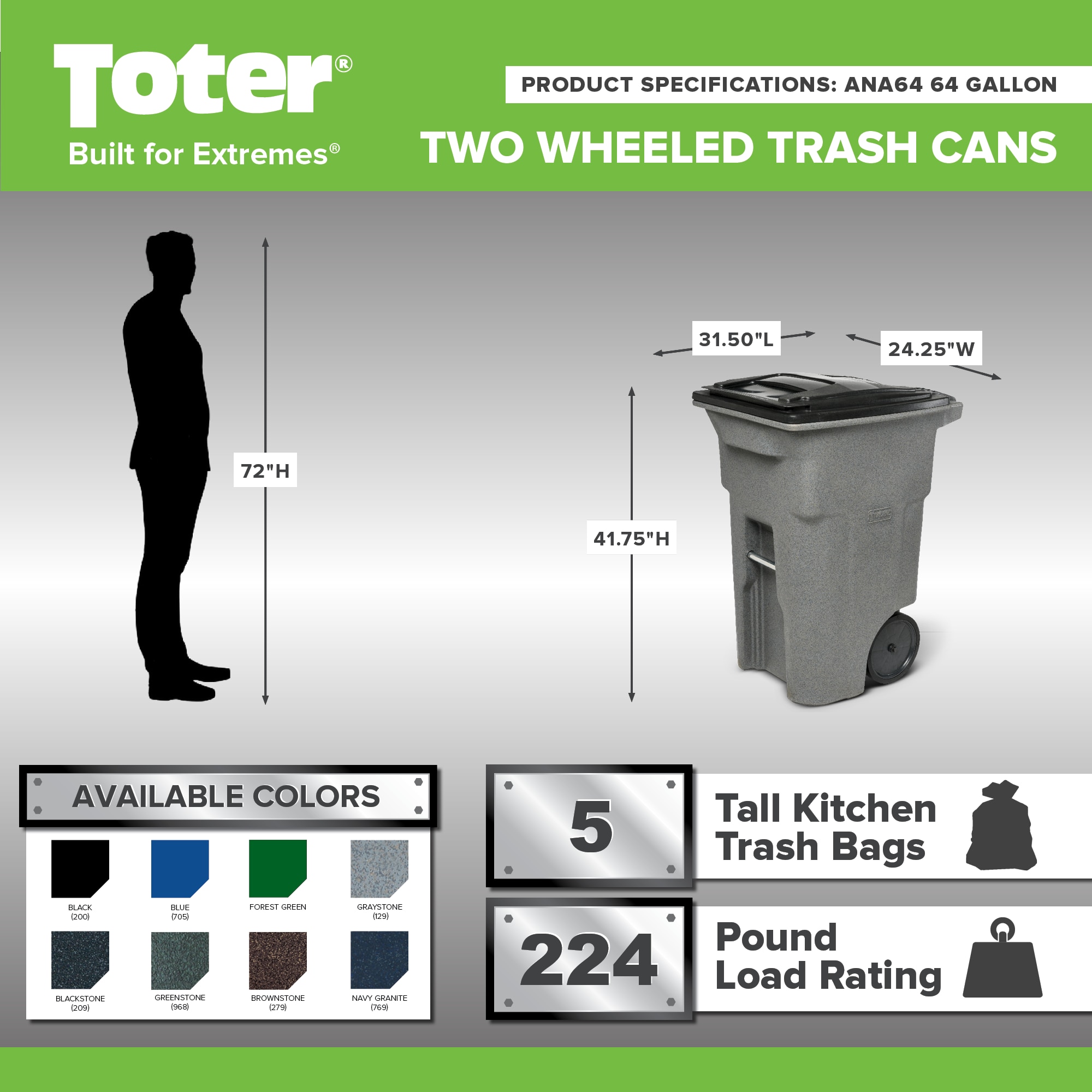 Toter 64-Gallon Blue/Recycle Resin Wheeled Outdoor Hinged Lid Trash Can ...