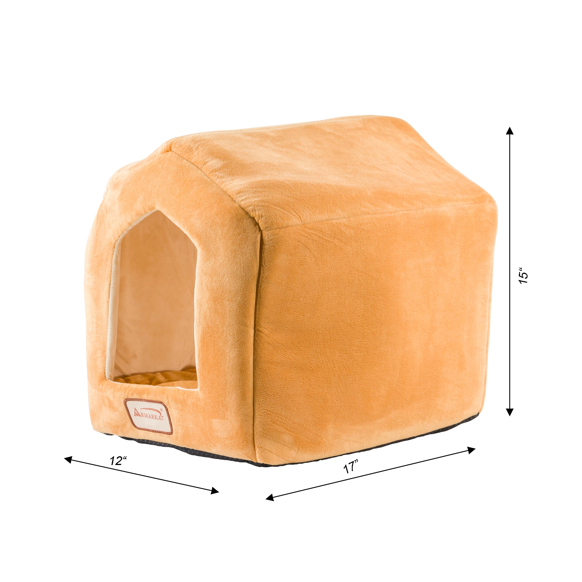 Small Beige Velvet House-Shaped Cat Bed with Fiberfill