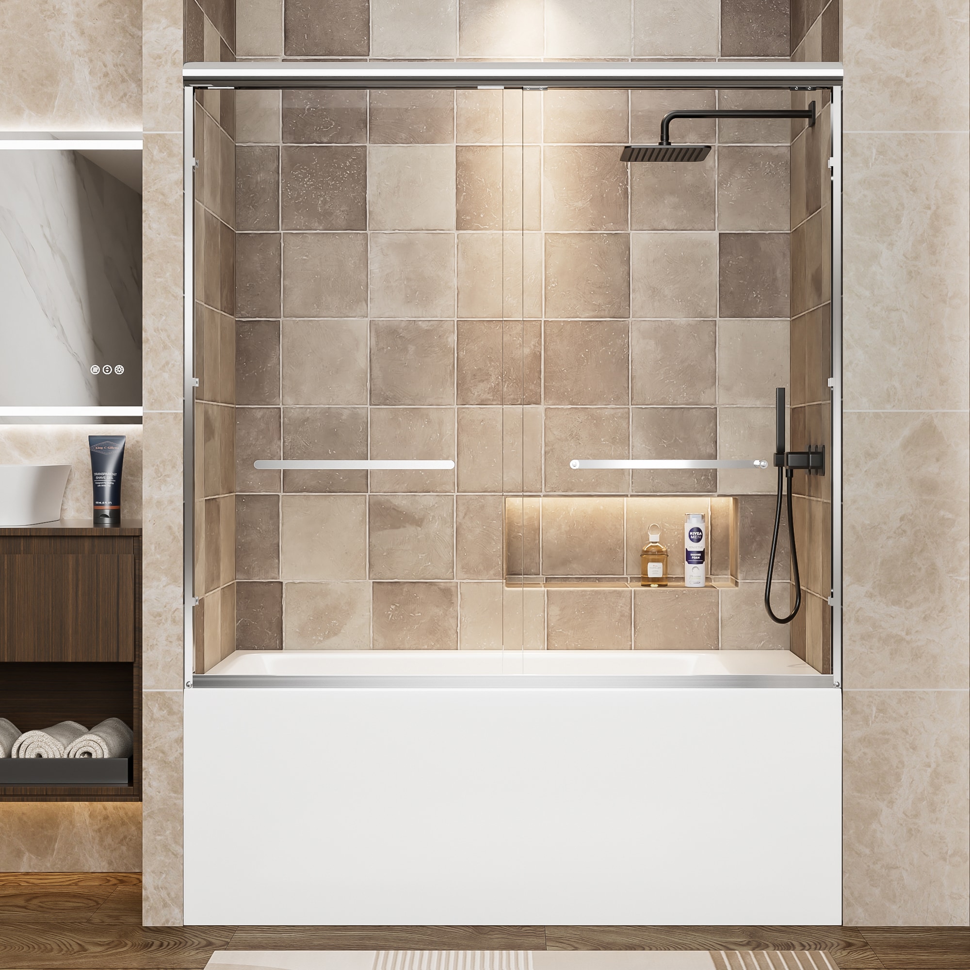 Dacicica 56-60 in W x 57 in H Aluminum Frame Double Sliding Shower Door Soft-Close Chrome Bathtub Door 1/4 in (6mm) Clear Chrome