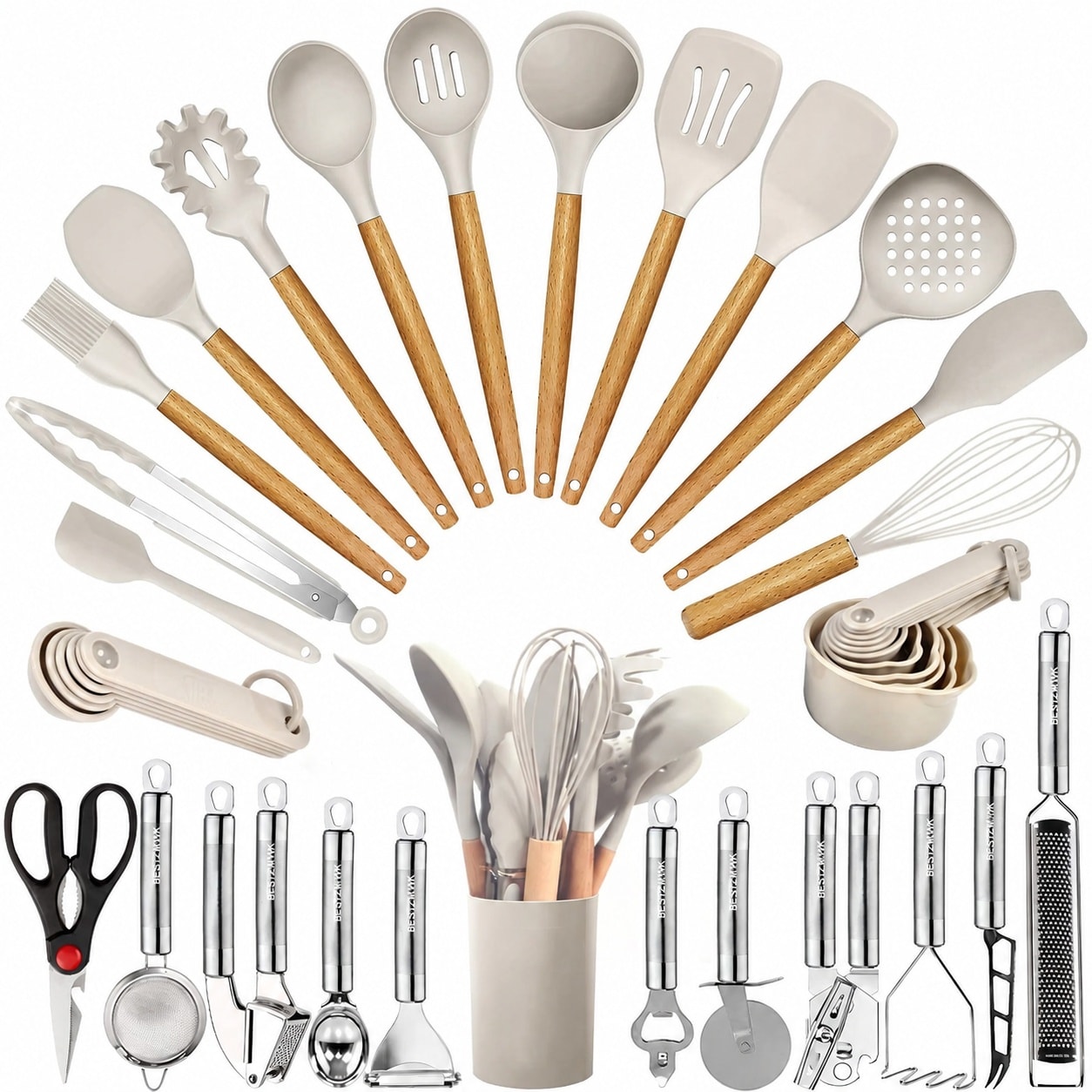 Phewnyzo  35 pcs Kitchen Utensils Set Silicone Cooking Tools with Wooden Handles for Nonstick Cookware Gadget Kit