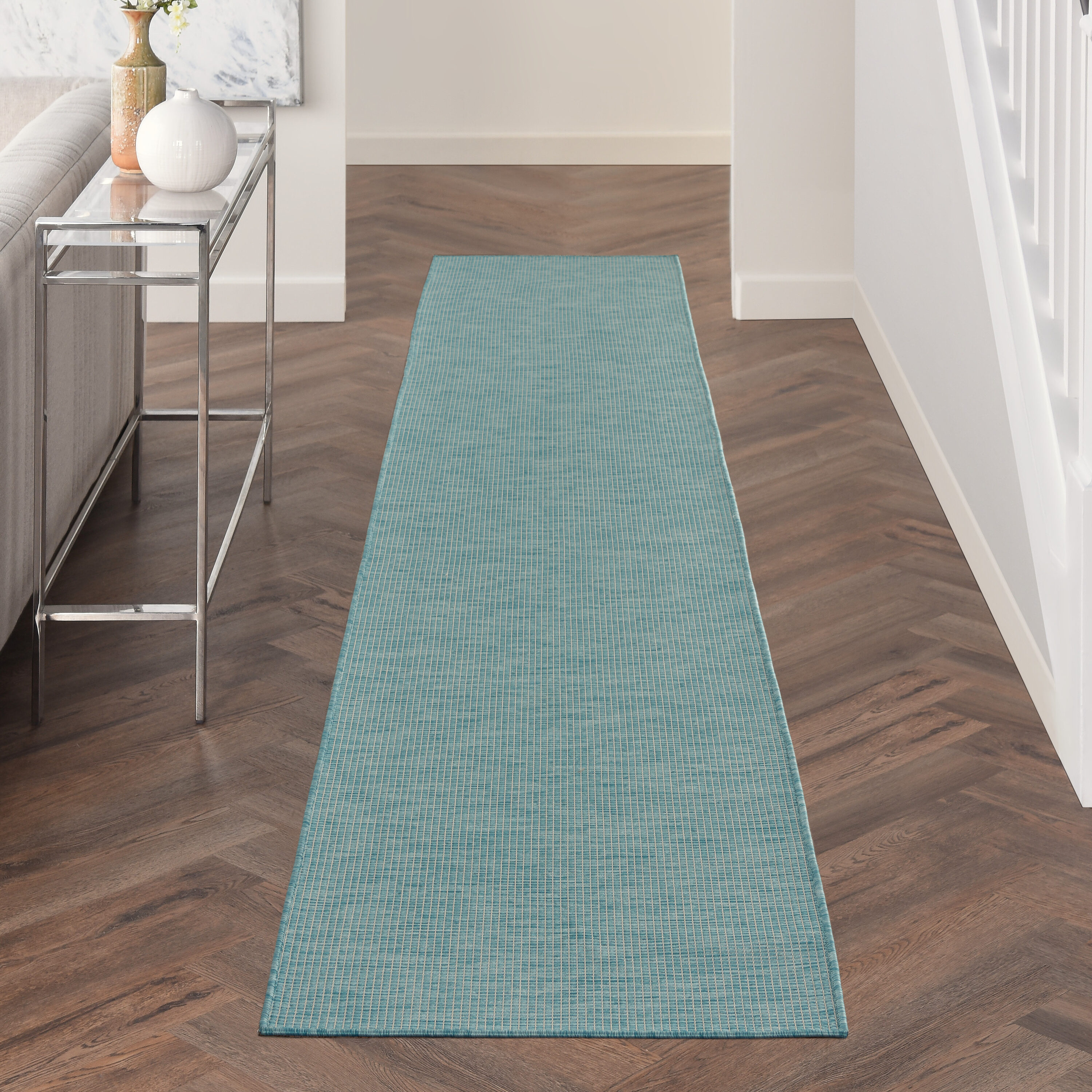 Nourison 99446790682 Positano 2 x 12 (ft) Loomed Polypropylene Aqua Rectangular Indoor/Outdoor Solid Runner rug