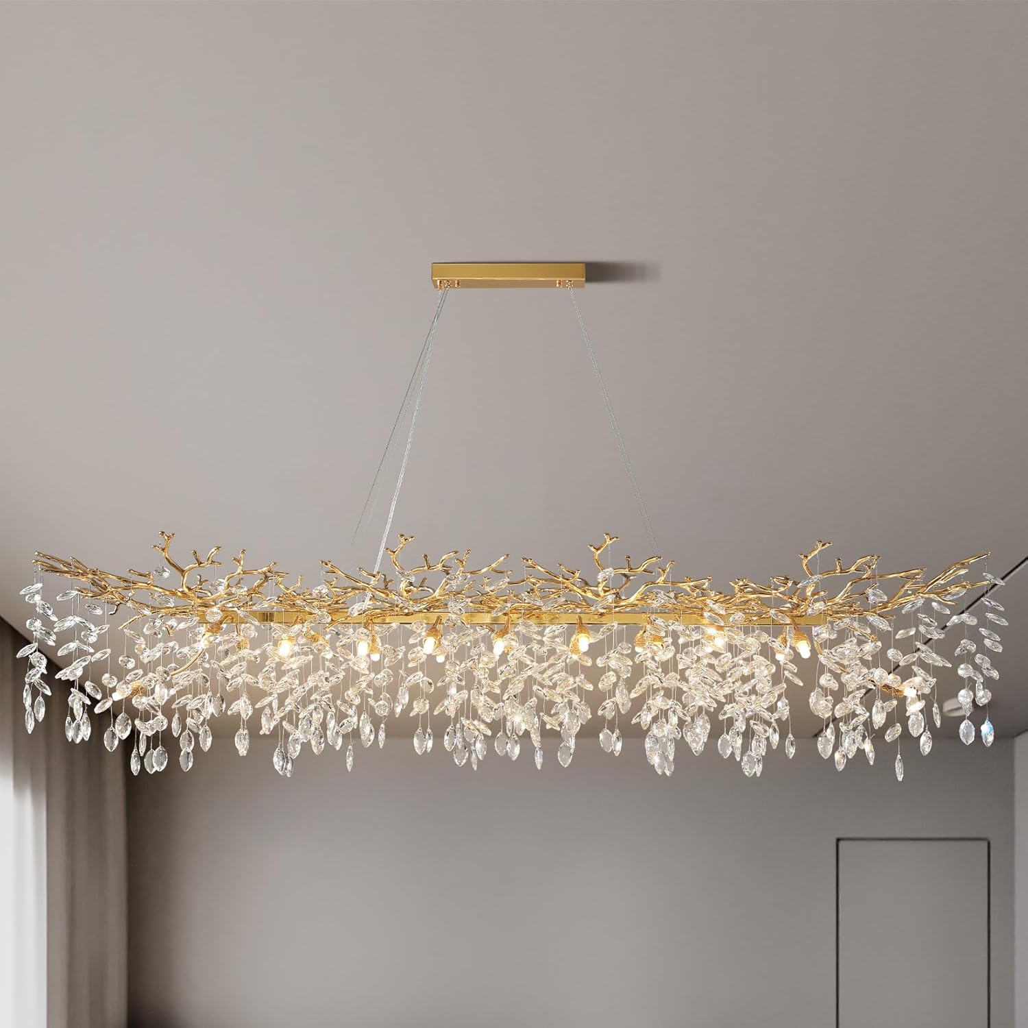 Mektix 60 in. Gold 16 Light Tree Branch Crystal Chandelier with Adjustable Cable for Dining Room
