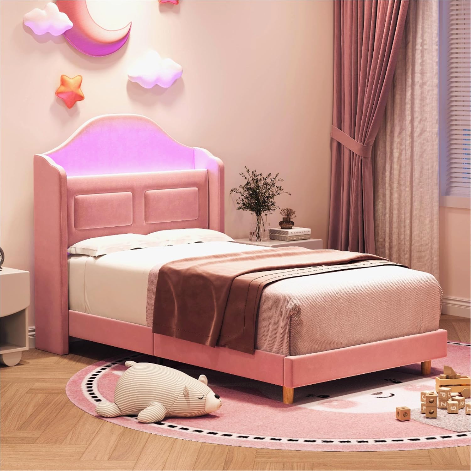 Qeetex LHF-BED-PHO-15HUYZNW Upholstered Twin Bed Frame with LED Lights Velvet Platform Bed Frame with Wing Back Storage Headboard Wood Slats Support No Box Spring Needed Easy Assembly Pink