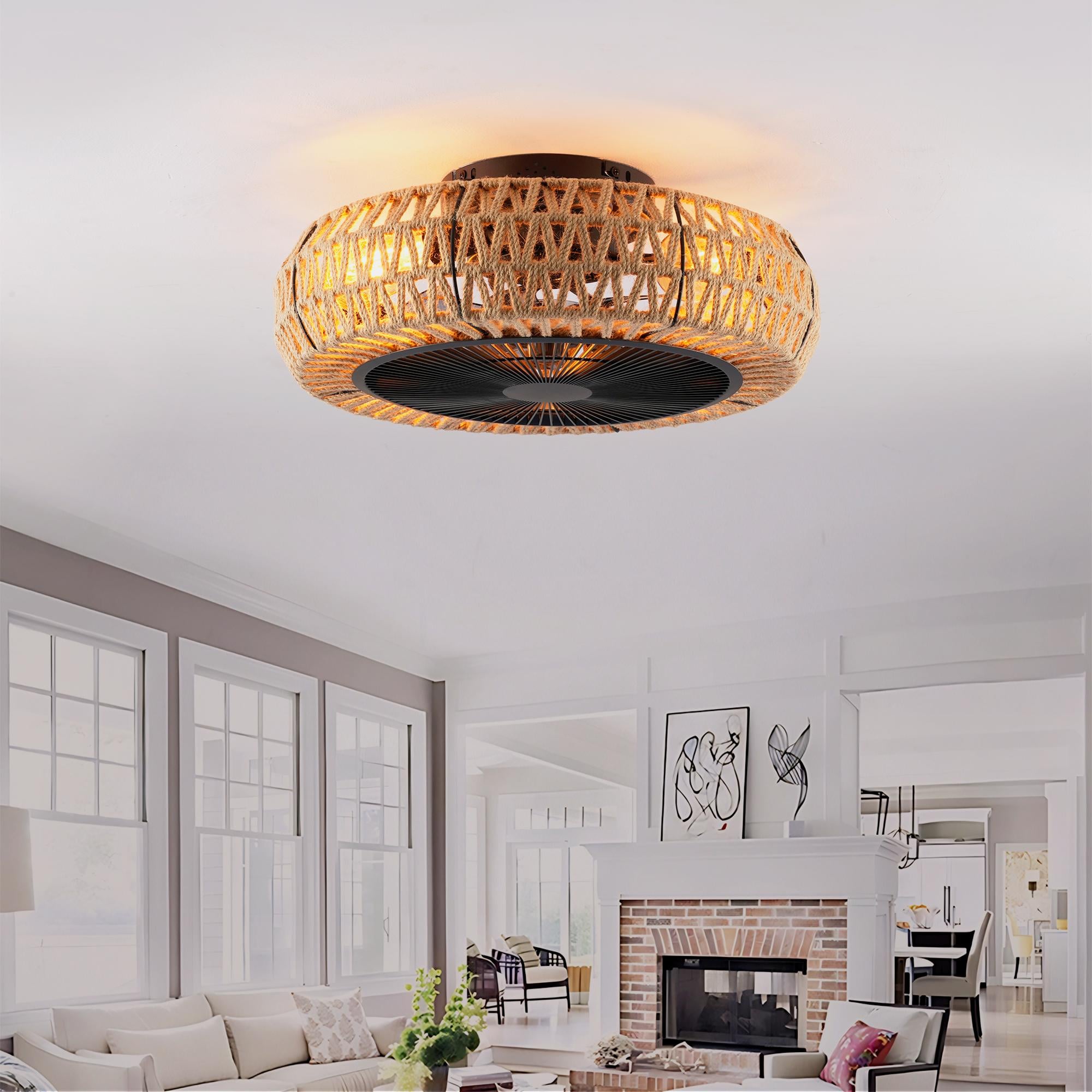 Bayfeve BFLCM-18682-CF Farmhouse Rope Fan 20-in Outdoor Flush Mount Black with Transparent Acrylic Blades Cage Ceiling Fan With Light 7 -Blade )