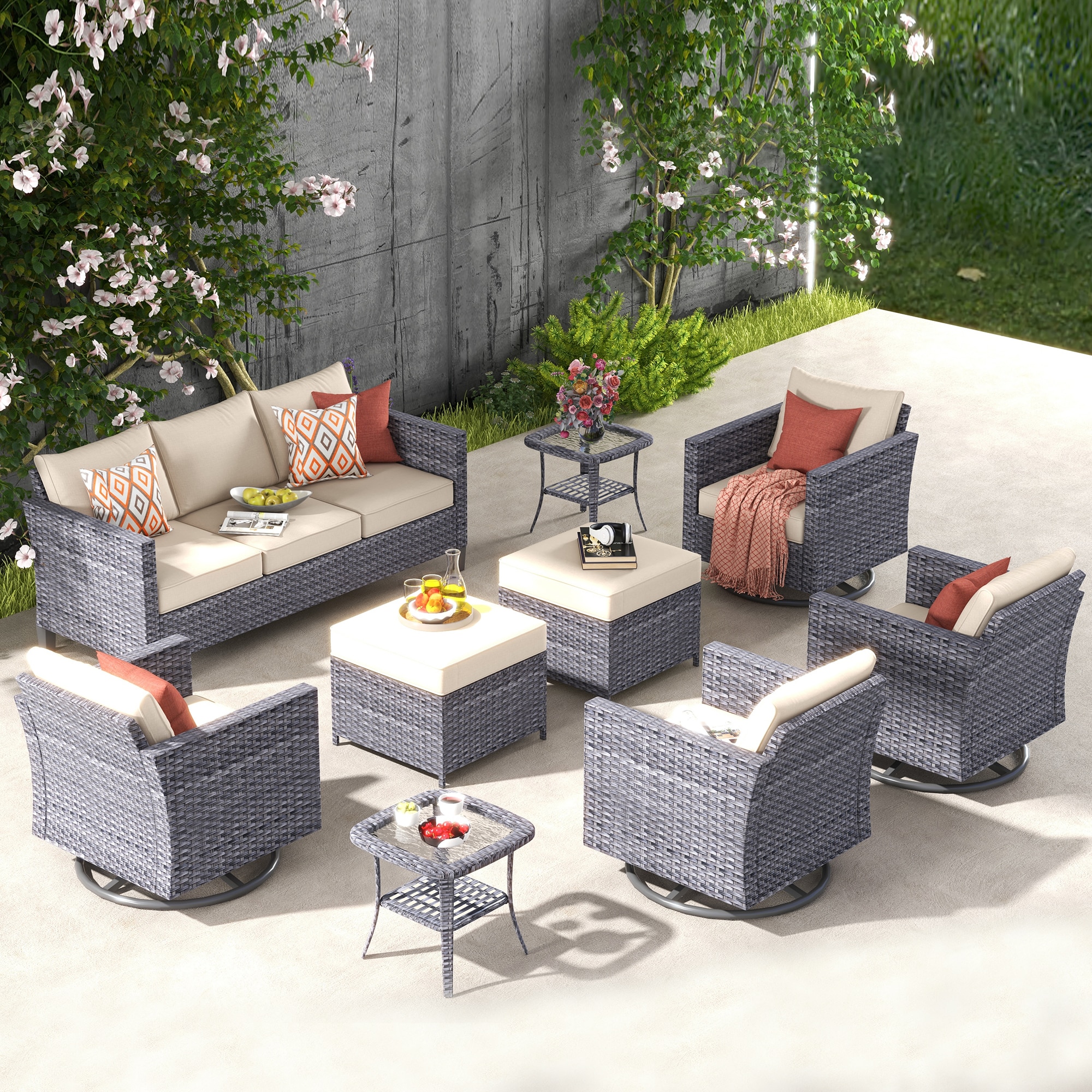 XIZZI Lullaby 9-Piece Rattan Patio Conversation Set with Off-white