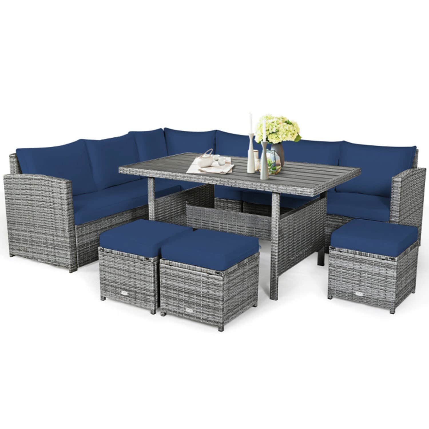 Mondawe GYSF325KF-SM Rattan Outdoor Sectional with Navy Cushions and Steel Frame