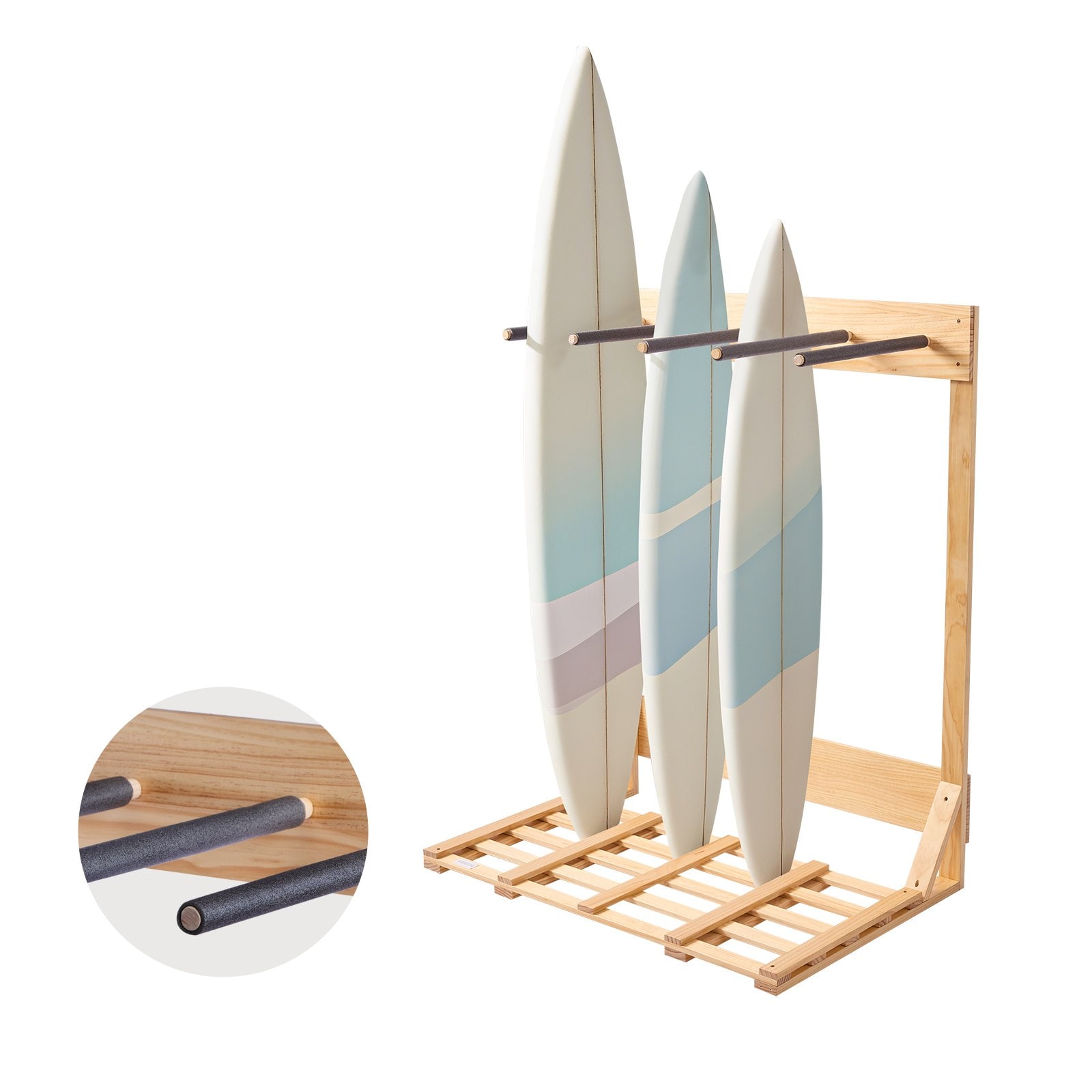 Mecale 4-Tier Freestanding Vertical Pine Surfboard Rack 6.5-in Slot Spacing Board Organizer Natural