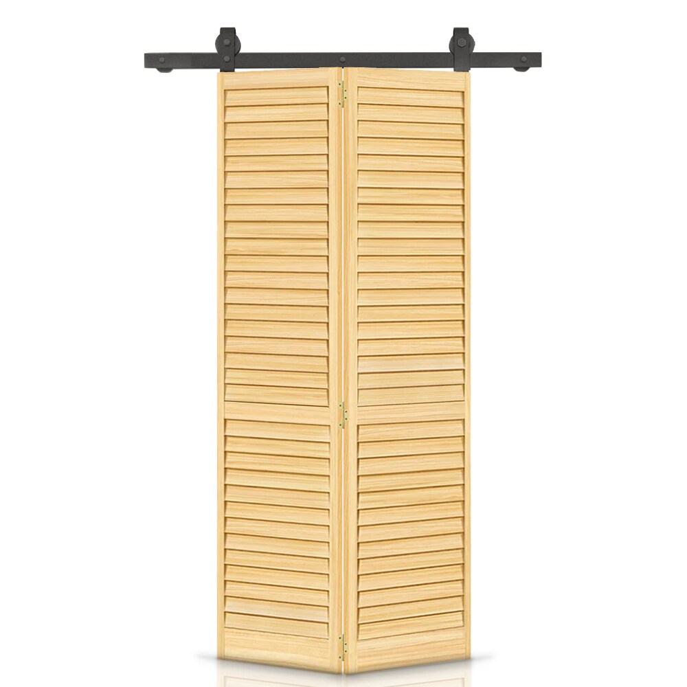 CALHOME 1100-2T+BYC03-24NW 24-in x 80-in Unfinished Unfinished Pine Wood Solid core Single bifold Barn Door (Hardware Included)