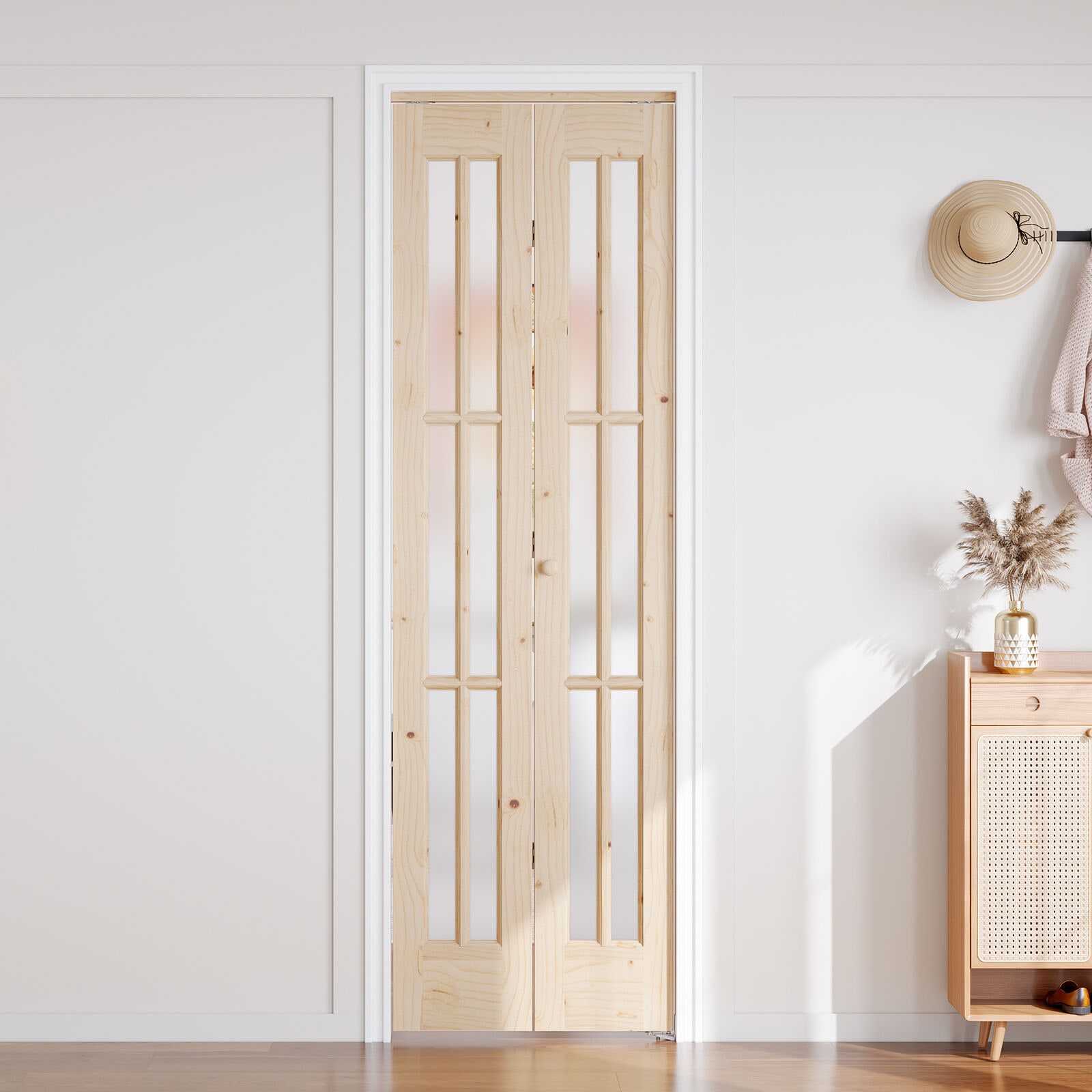 Fredbeck 24-in x 80-in 6-Panel Frosted Glass Textured Solid Core Unfinished Spruce Wood Closet Bifold Door ( Hardware Included )