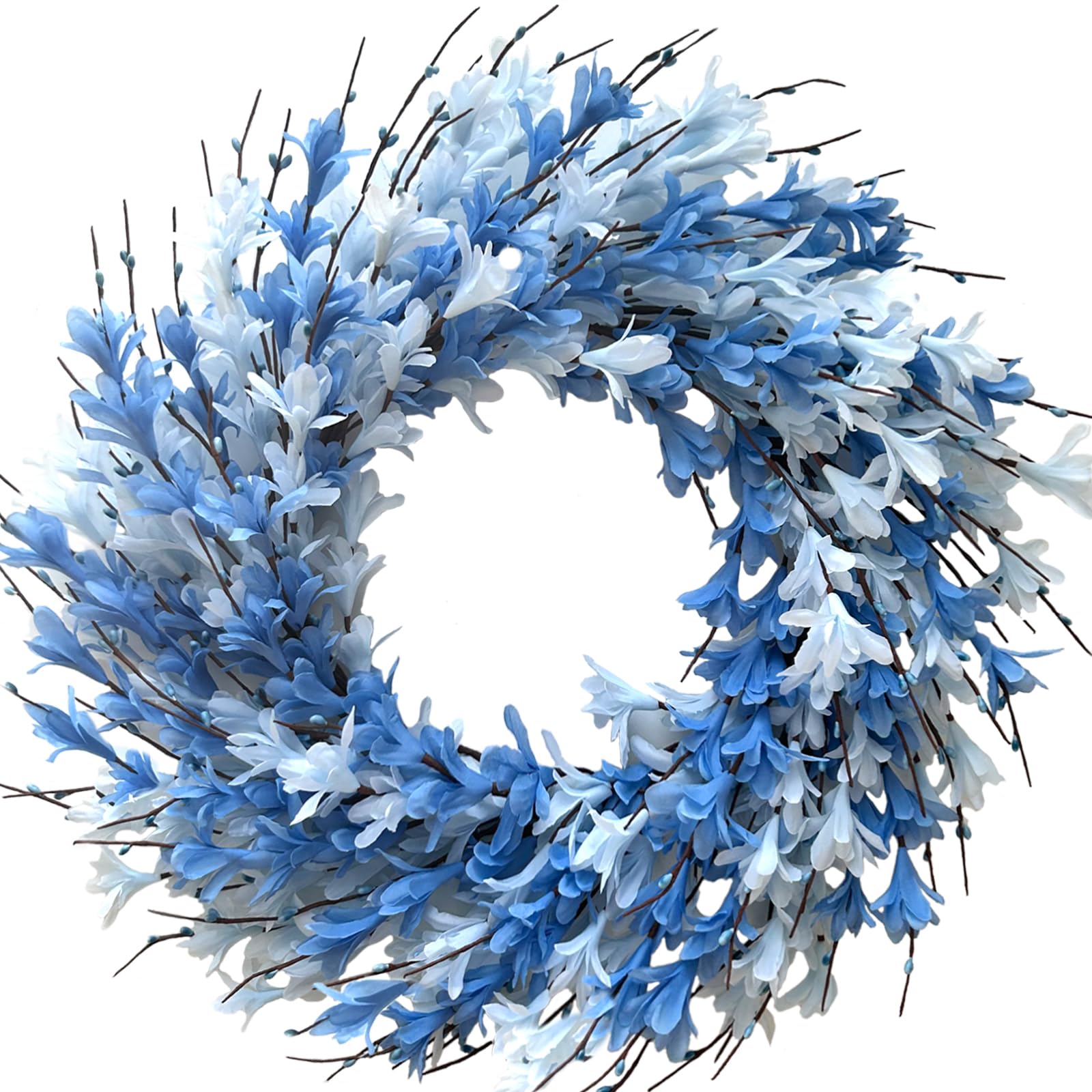 KIWDZFU  22inch Artificial Forsythia Flower Wreath for Front Door Porch Patio Garden Home Decor Blue durable home and garden accessory designed