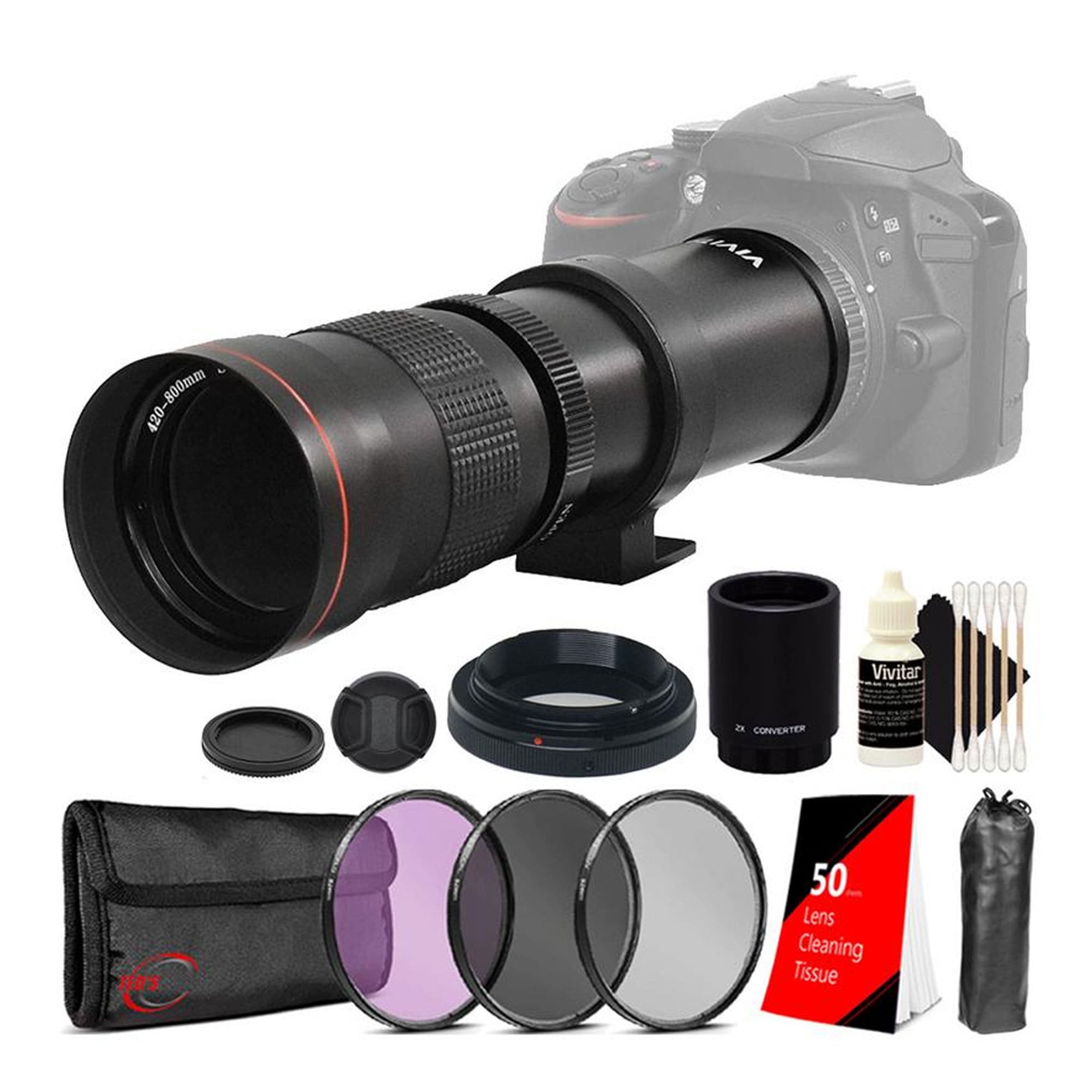 Vivitar  420 800mm F8 3 Telephoto Zoom Lens for Sony T mount for Sony 2x  Converter Filter Kit Lens Tissue 3pc Cleaning Kit