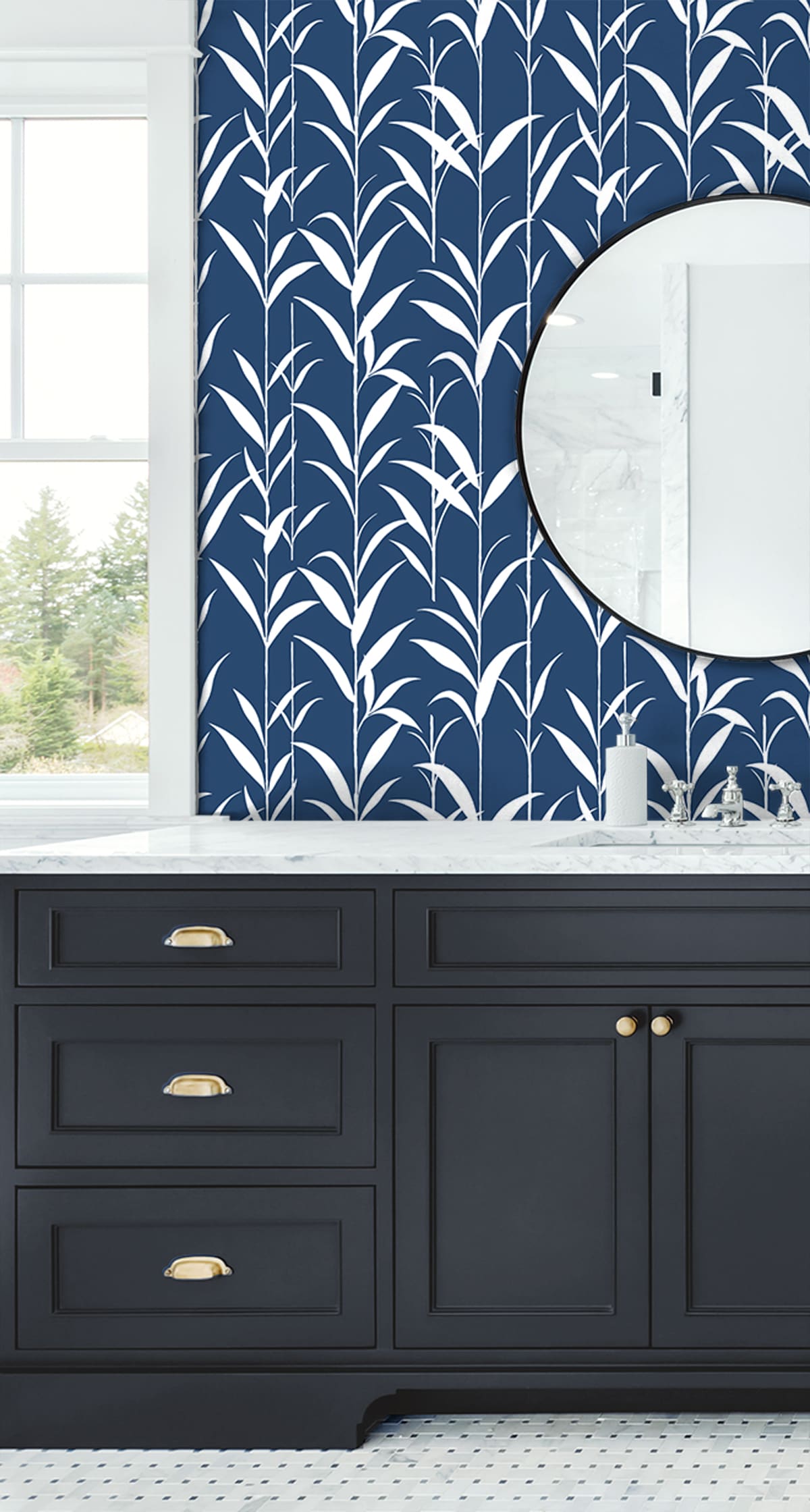Navy Blue Bamboo Leaves Self-Adhesive Vinyl Wallpaper