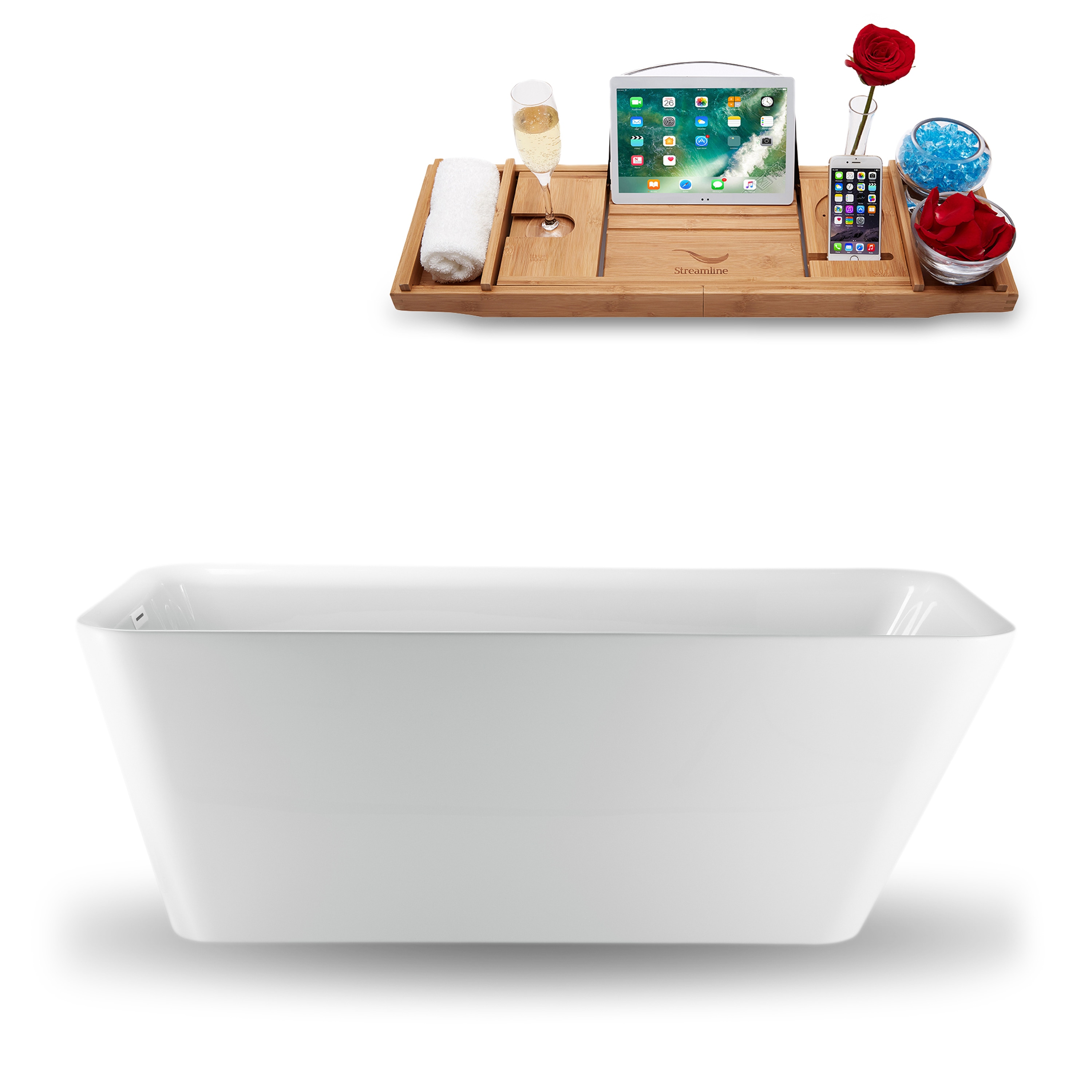 Streamline N1221WH 28.3-in x 59.1-in Glossy White Acrylic Rectangular Freestanding Soaking bathtub with Drain ( Reversible Drain )