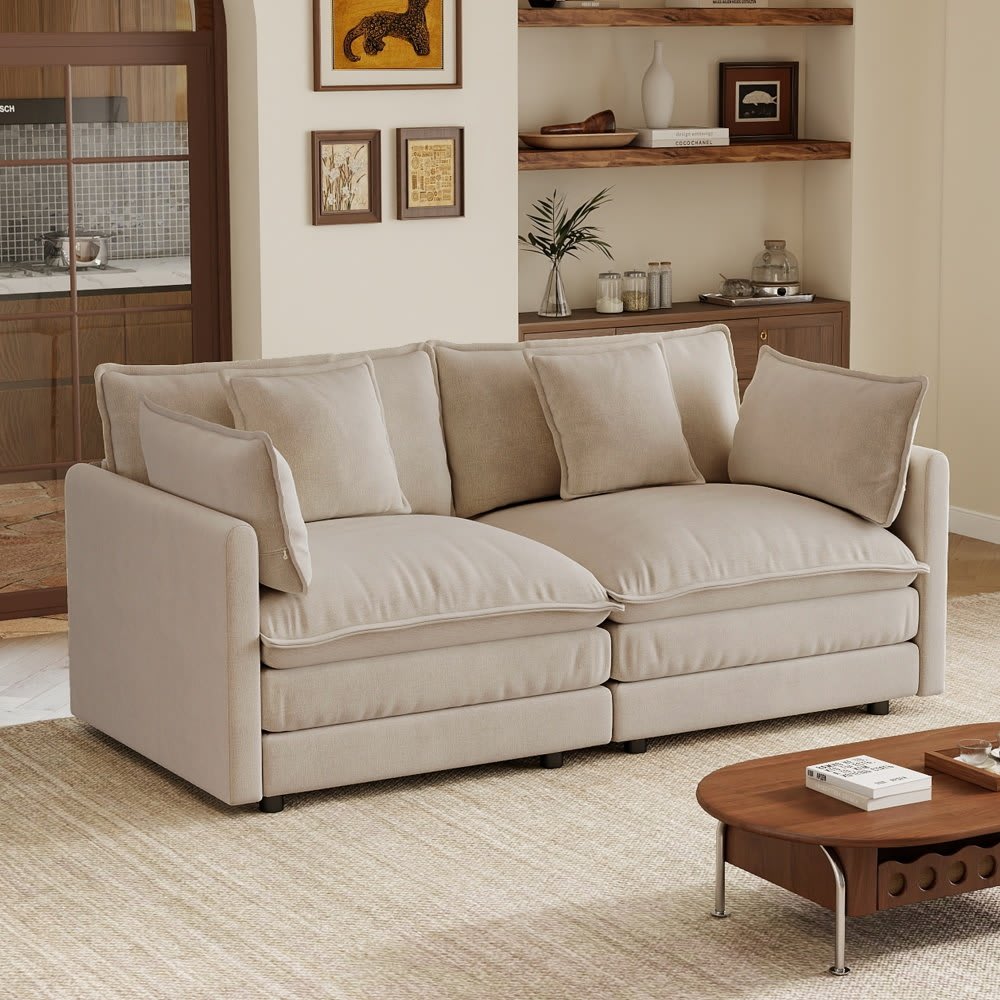 Coolbibila 2 Seat Deep Seat 71 in Light Coffee Chenille Sofa With 4 Pillows Easy Assembly Living Room Bedroom