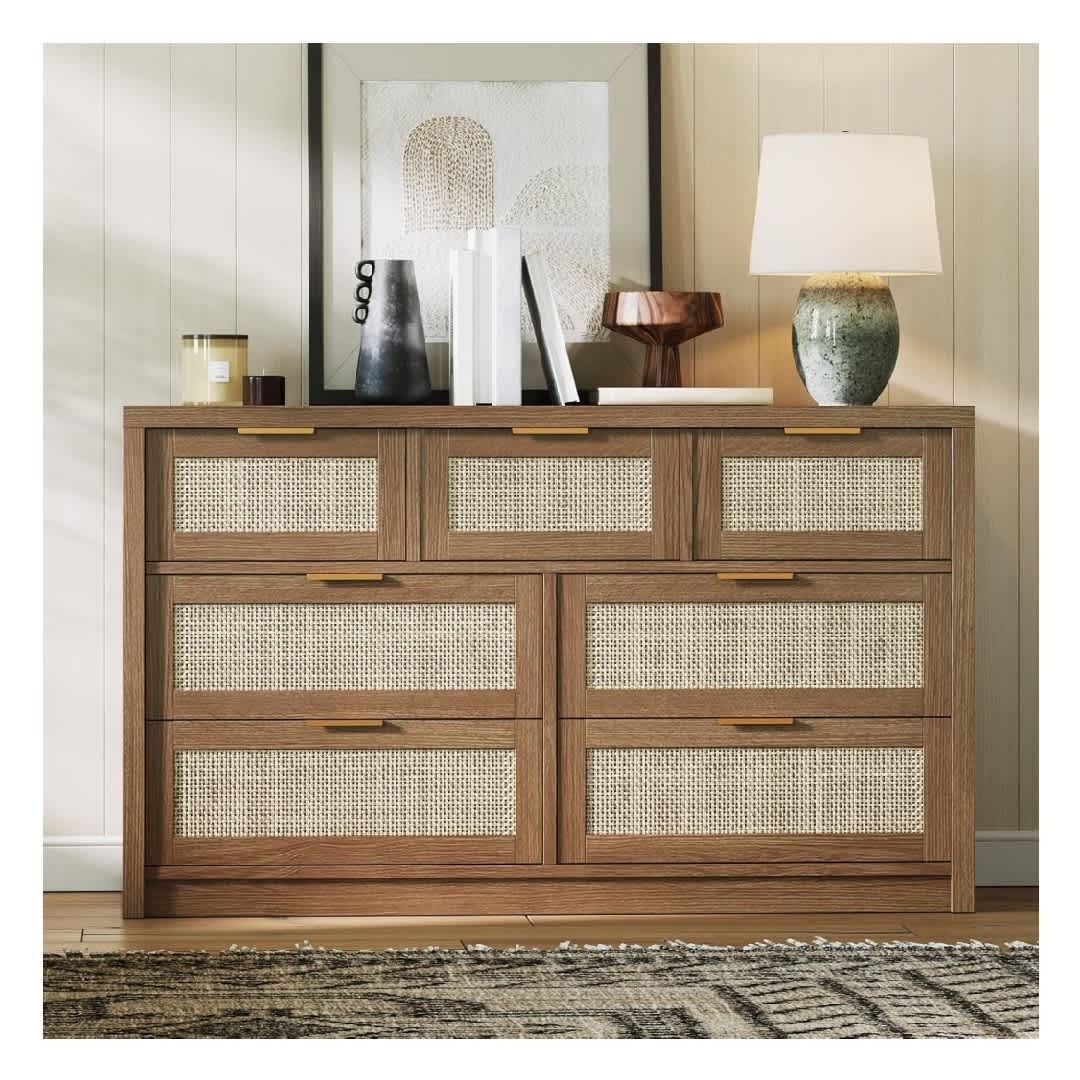 Qeetex NL-PHK-344KW8E9 Dark Wood Particle Board Rattan Seven Drawer Dresser