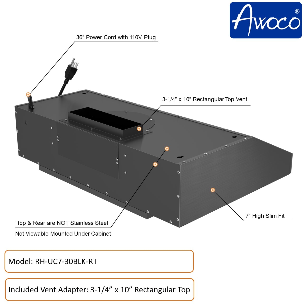 Awoco RH-UC7-30BLK-RT Undercabinet-Range-Hoods - View #6