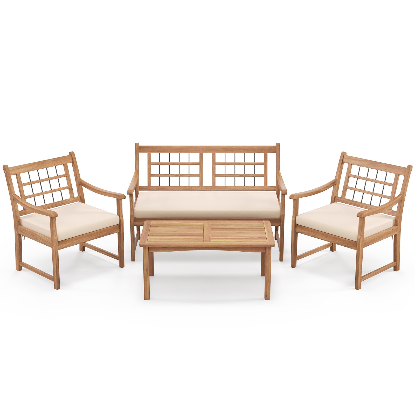 Slickblue D-CO-+HW88527WH 4-Piece Acacia Wood Patio Furniture Set with 2 Armchairs 1 Loveseat and 1 Coffee Table Natural Frame with Gray or Off White Cushions for Patio Porch or Backyard