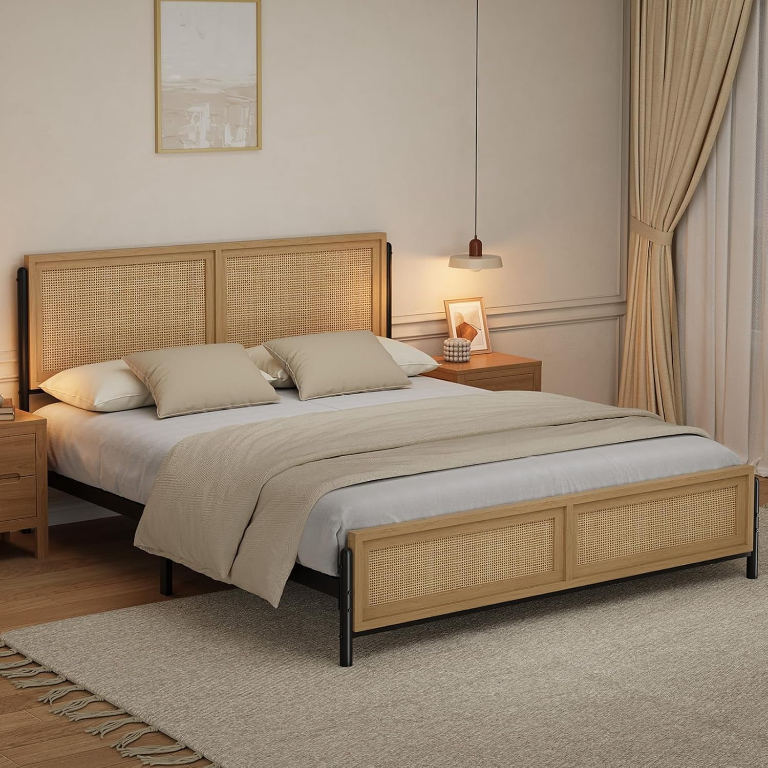GAOMON Natural Queen Bed Frame Rattan Headboard Footboard Boho Style No ...