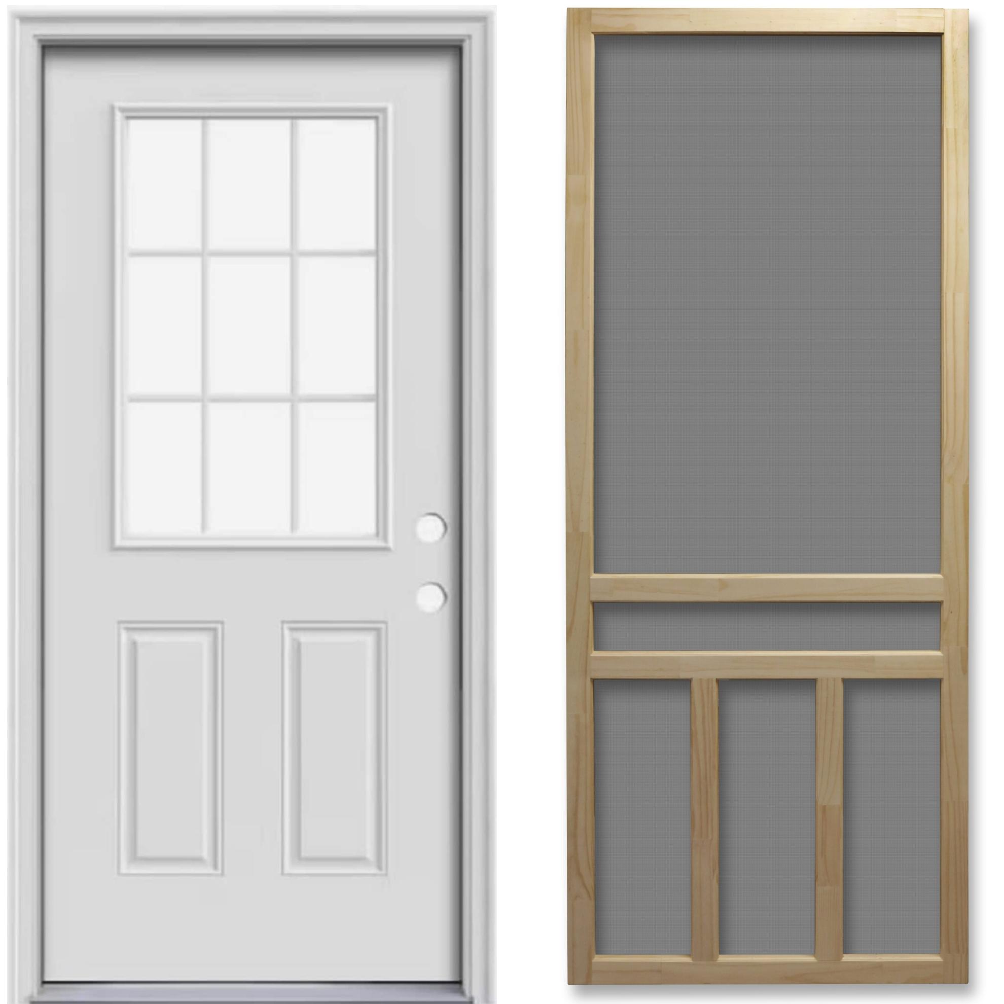 RELIABILT  32-in x 80-in Half lite Left-hand inswing Unfinished Prehung Front Door with Hinged Screen Door