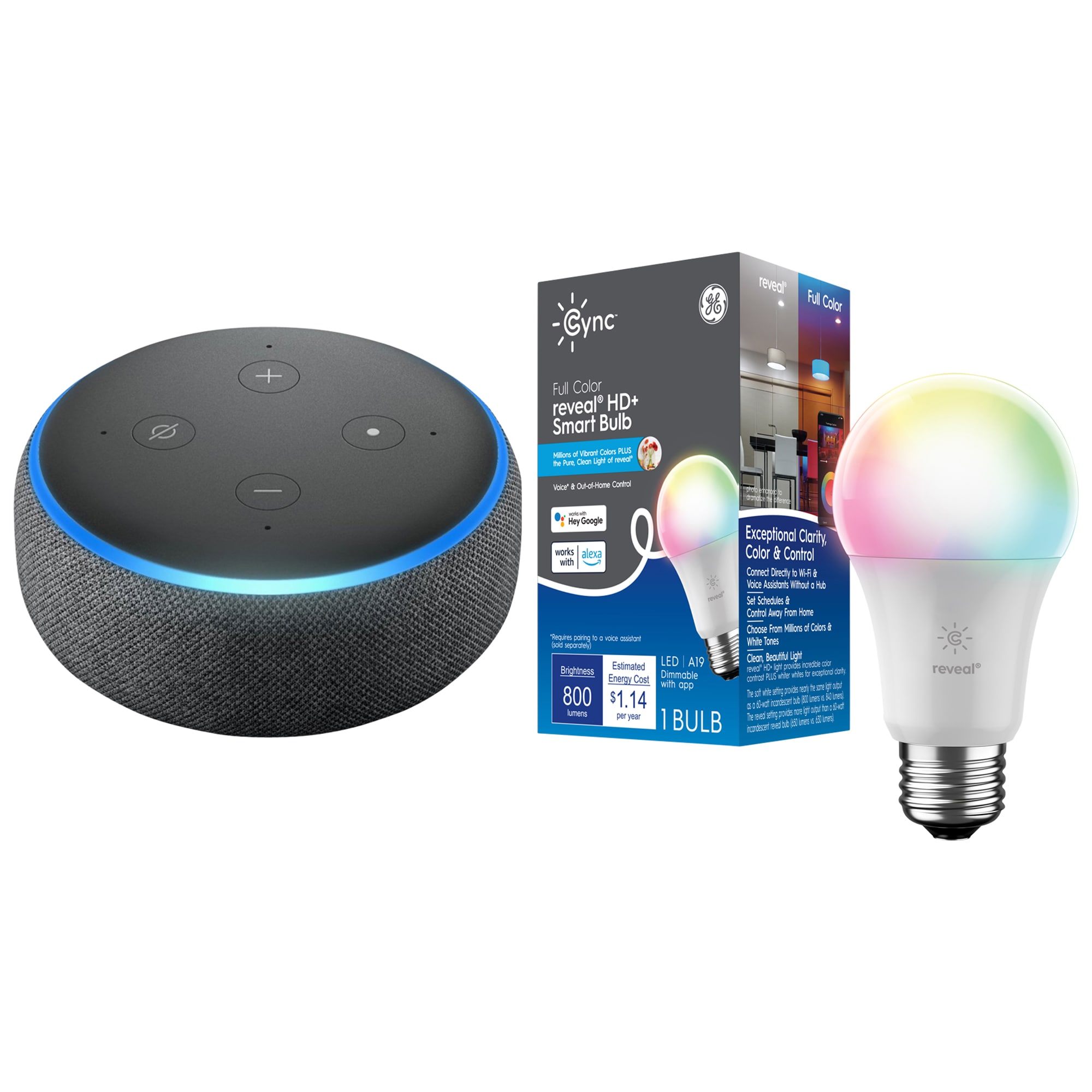 Shop  Echo Dot - Charcoal (3rd Gen) + GE Full Color Reveal HD+ A19  Smart Bulb Bundle at