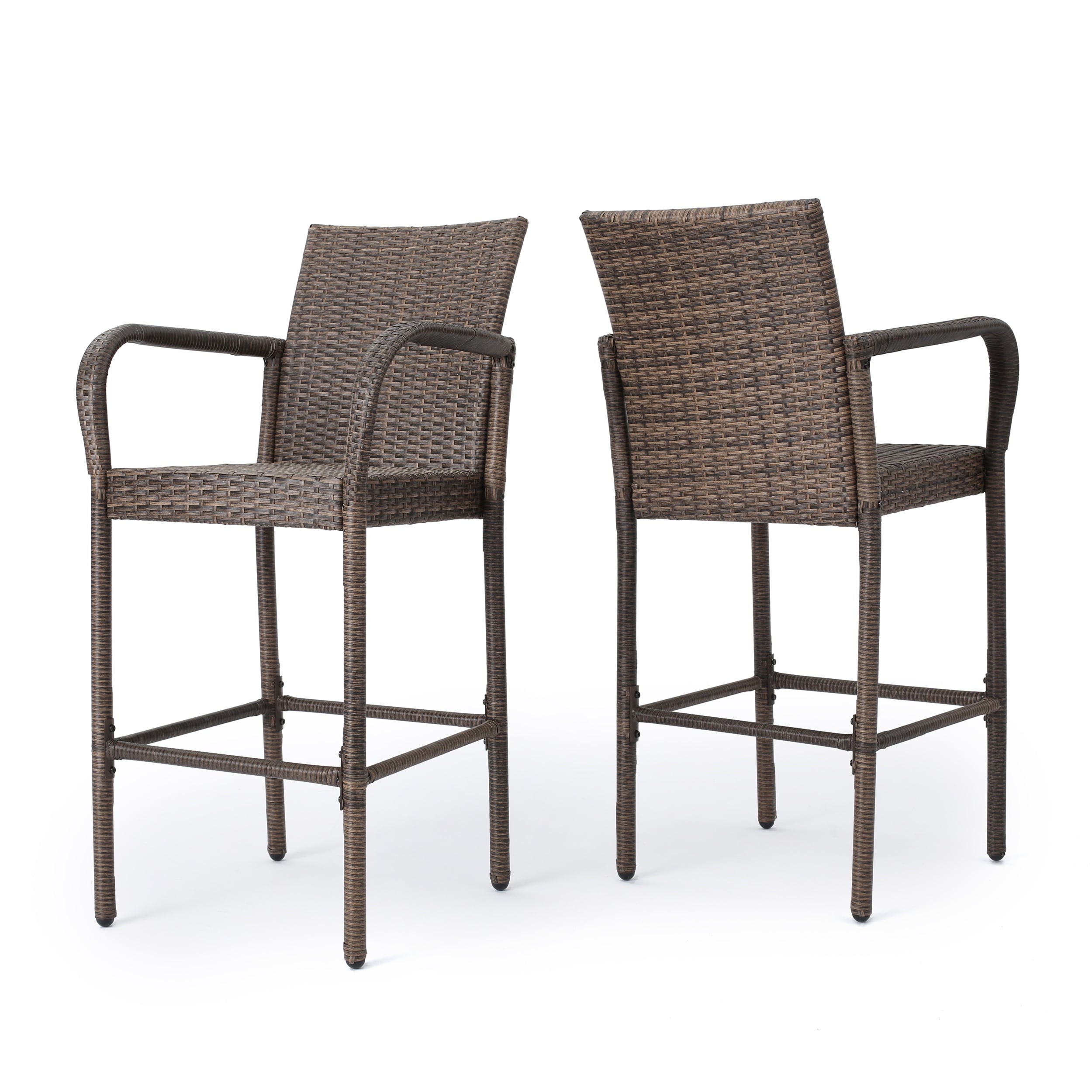 Moda Furnishings MD57113MCA GIGI Set of 2 Wicker Brown Iron Frame Stationary Bar Stool Chair with Woven Seat