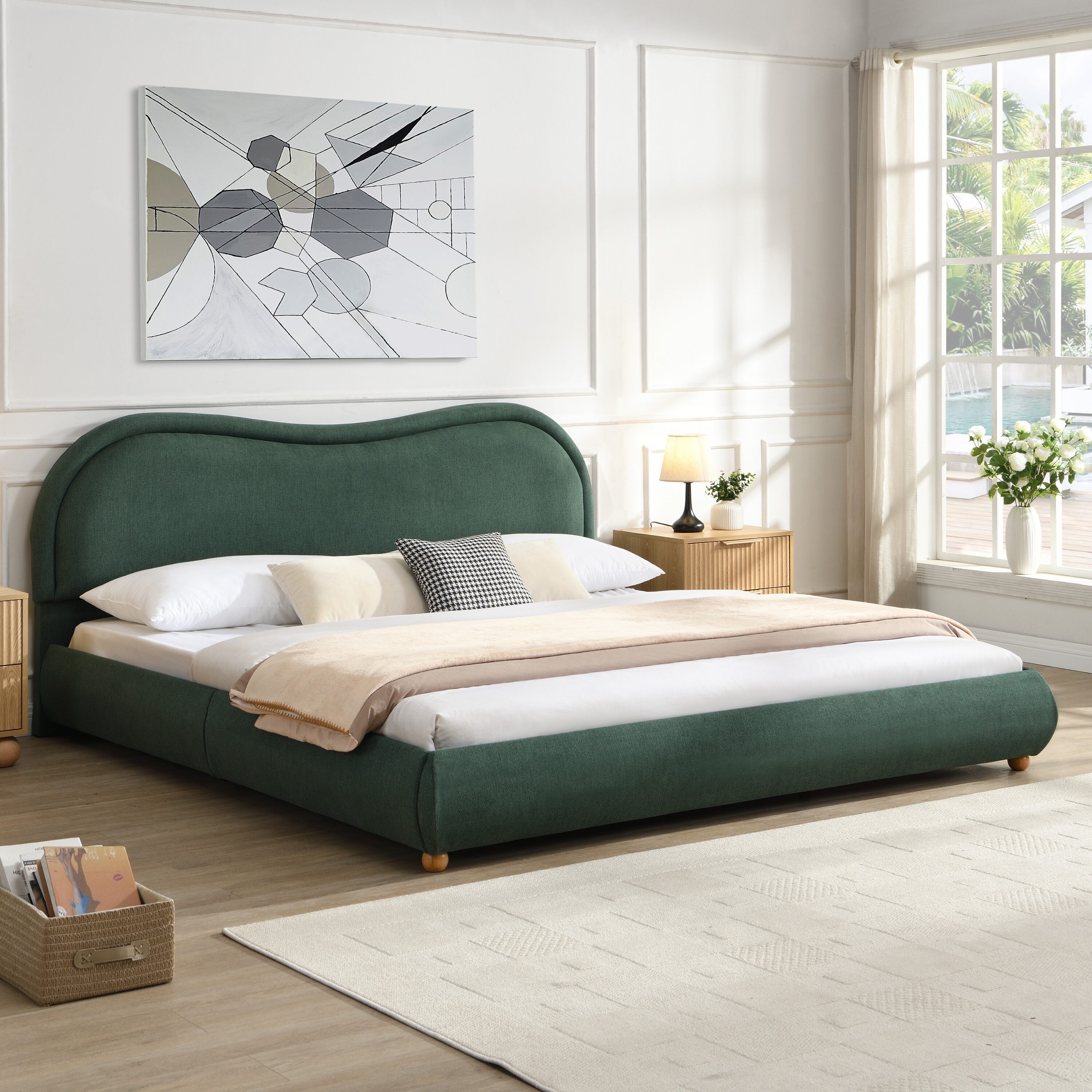 KTMBDW King Size Platform Bed Frame with Fabric Upholstered Headboard and Wooden Slats Support - No Box Spring Needed (Green)