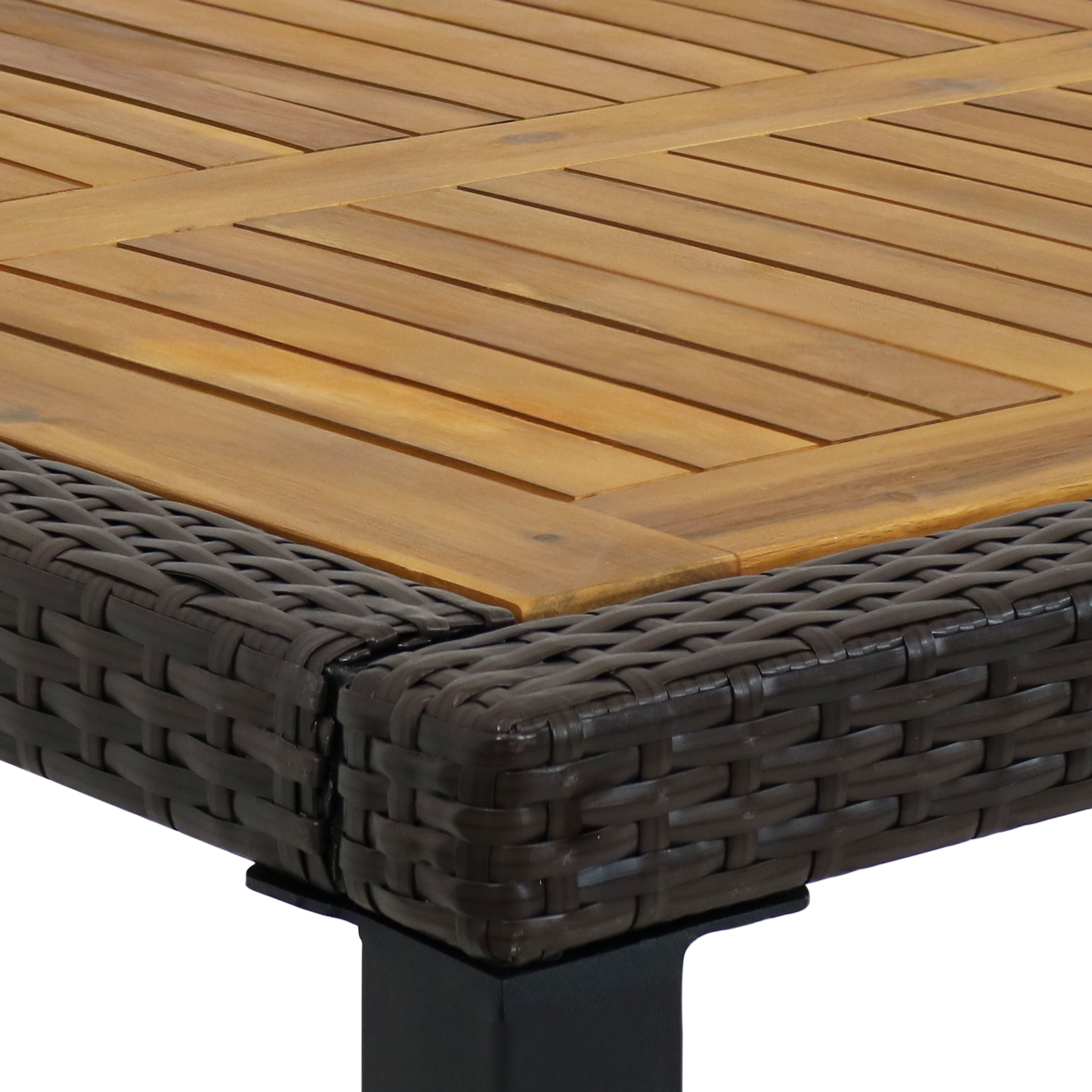 Carlow 7-Piece Brown Rattan and Acacia Wood Patio Dining Set with Blue Cushions