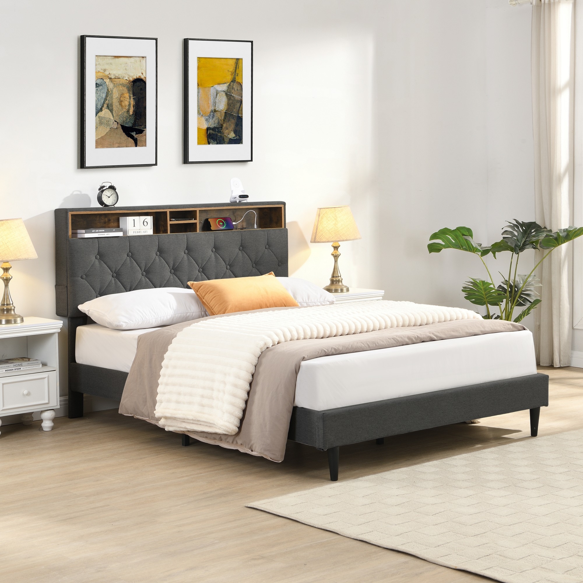 HyperDrop Cart - Queen Size Dark Grey Linen Upholstered Platform Bed Frame with Button Tufted Hea...