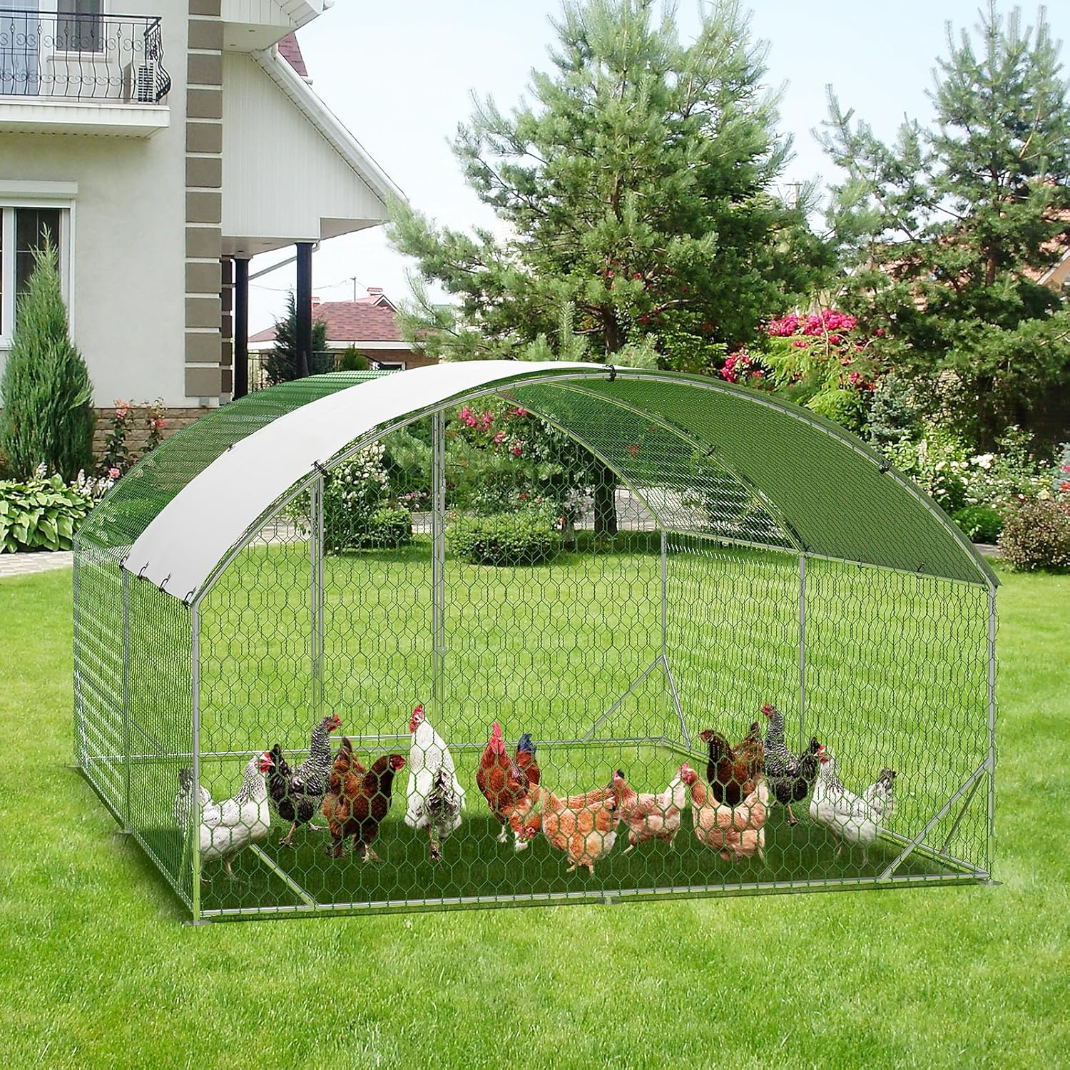 Qeetex GGL-PHO-33J6K8GY Large Metal Chicken Coop Walk in Poultry Cage Chicken Run Pen with Waterproof Oxford Roof and PVC Hex Mesh Fencing for Chickens Ducks Rabbits Quails Feeding Door Design-13FT