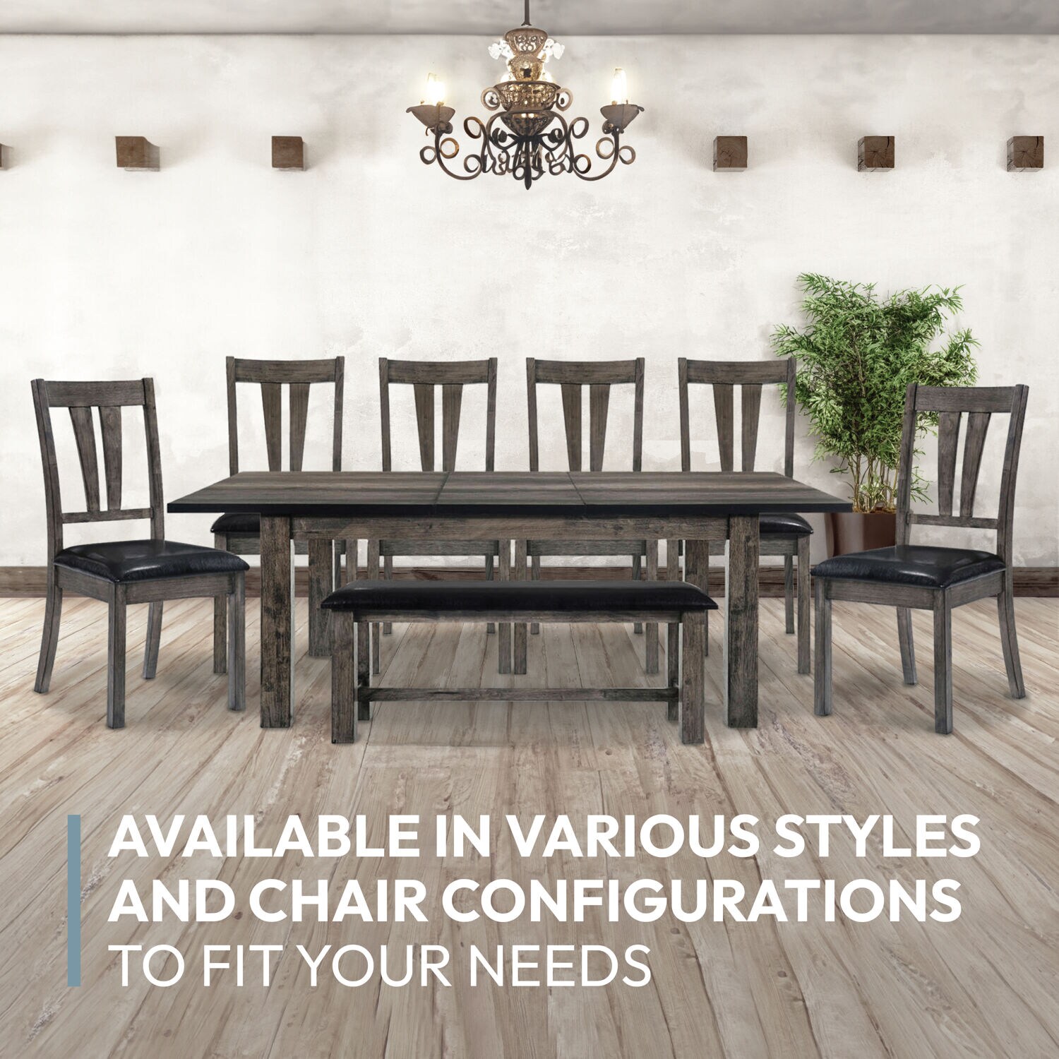 Rustic Gray Oak 8-Piece Dining Set with High-Back Chairs and Bench