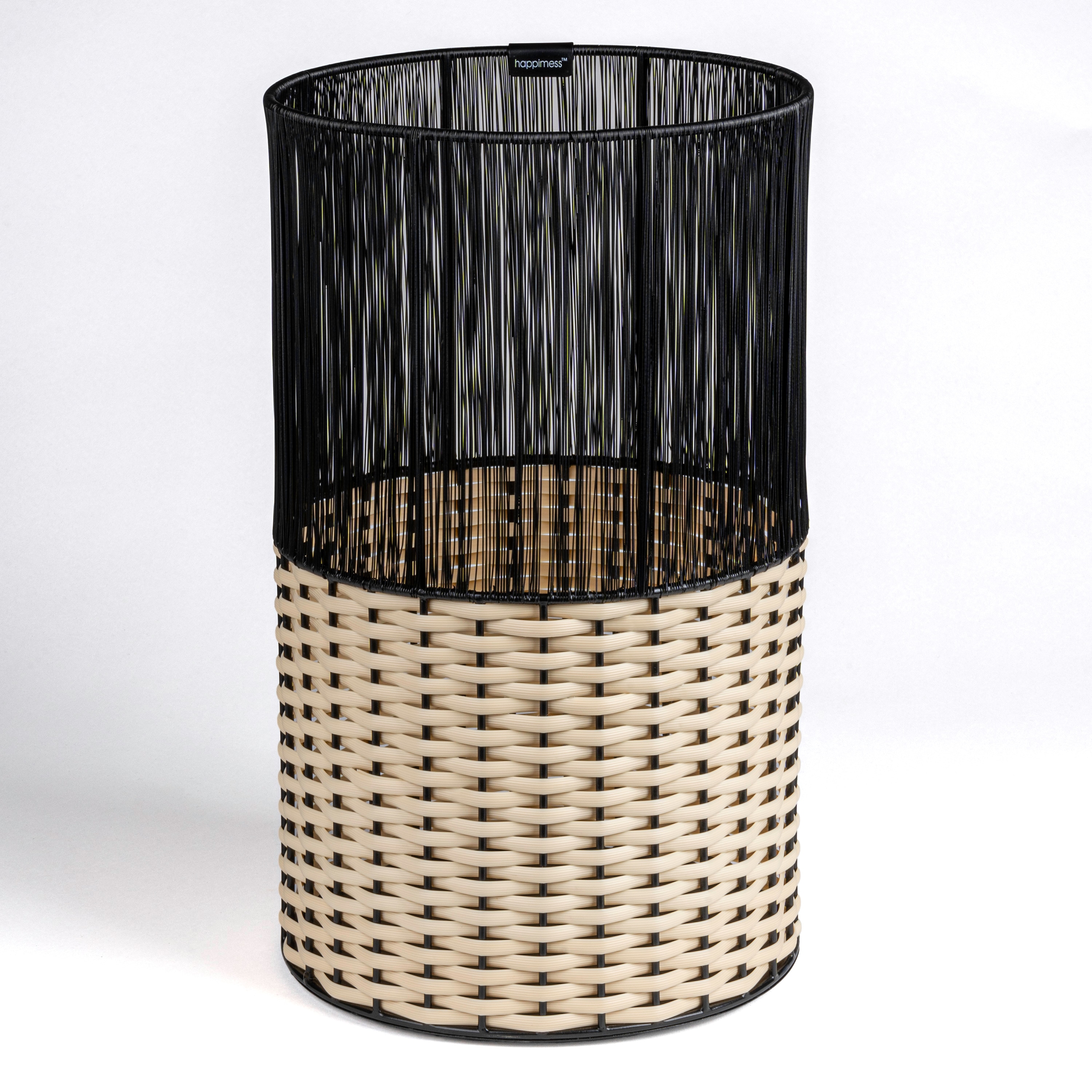happimess HPM1101D Harper 2-Tone Faux Wicker Cylinder Outdoor Black/Cream Metal Wastebasket