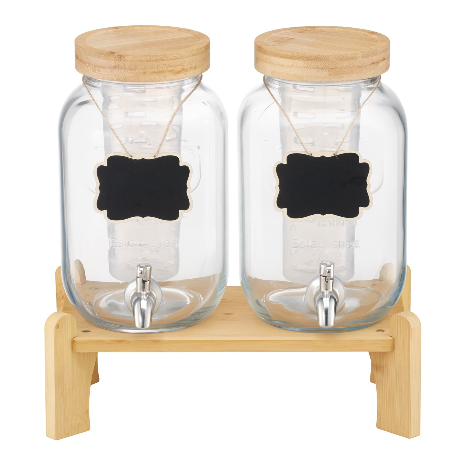 Slickblue - Set of 2 Glass Beverage Dispenser with 1 Gallon Capacity Each Wooden Stand and Spigot...
