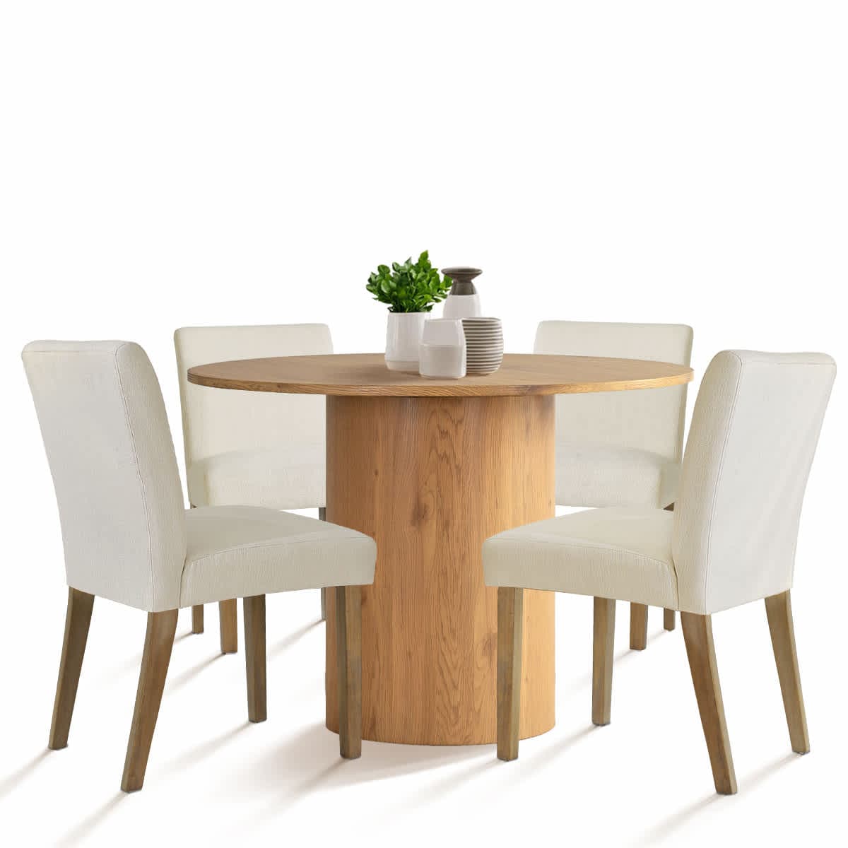 Maison Boucle MUSK-OK+NORTH-CREAM4 5-Piece Round Wood Dining Table Set with Cream Upholstered Chairs for Kitchen or Dining Room