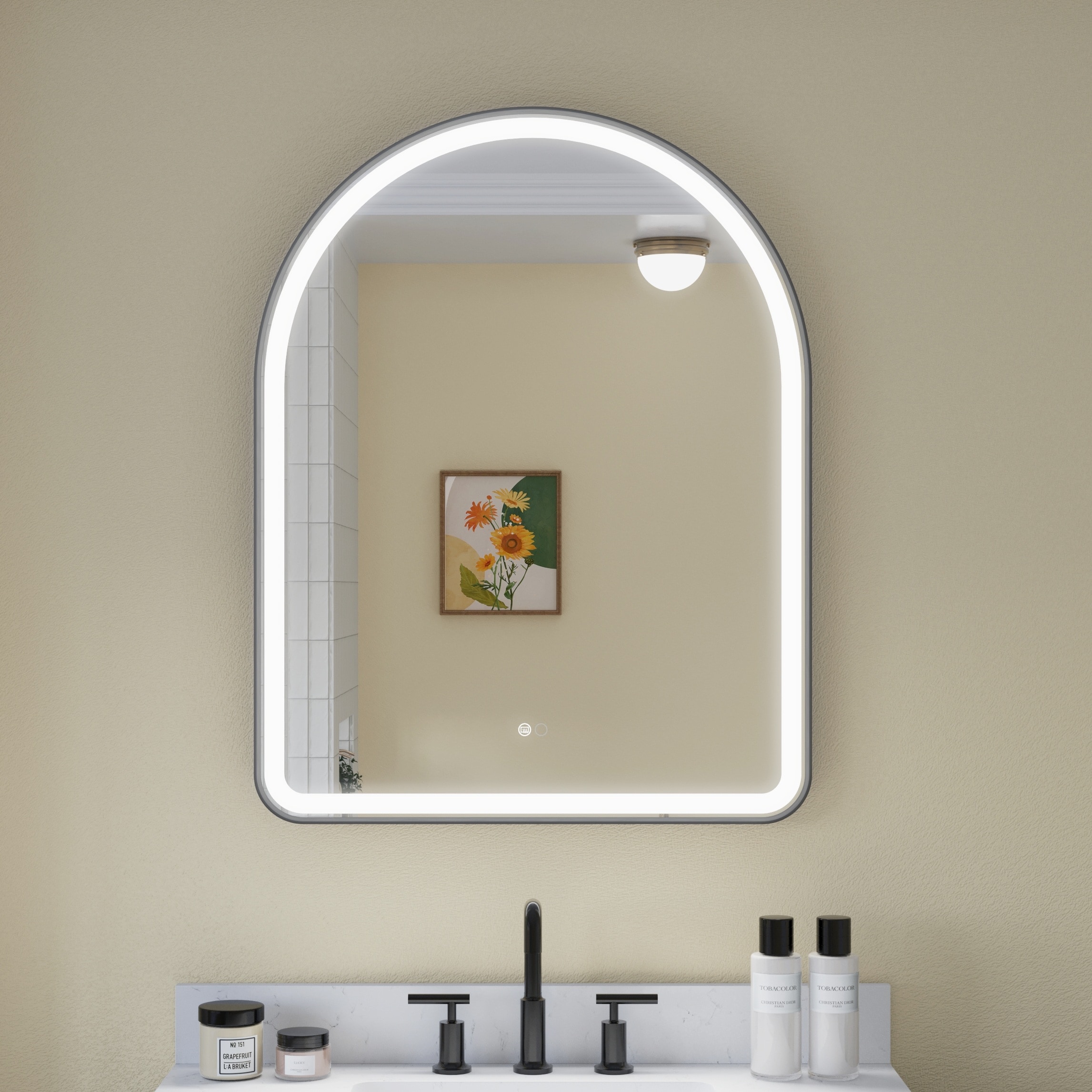 Gtnali - 28-in W x 36-in H Matte Black Arch Anodized Aluminum Frame LED Bathroom Mirror with Anti...