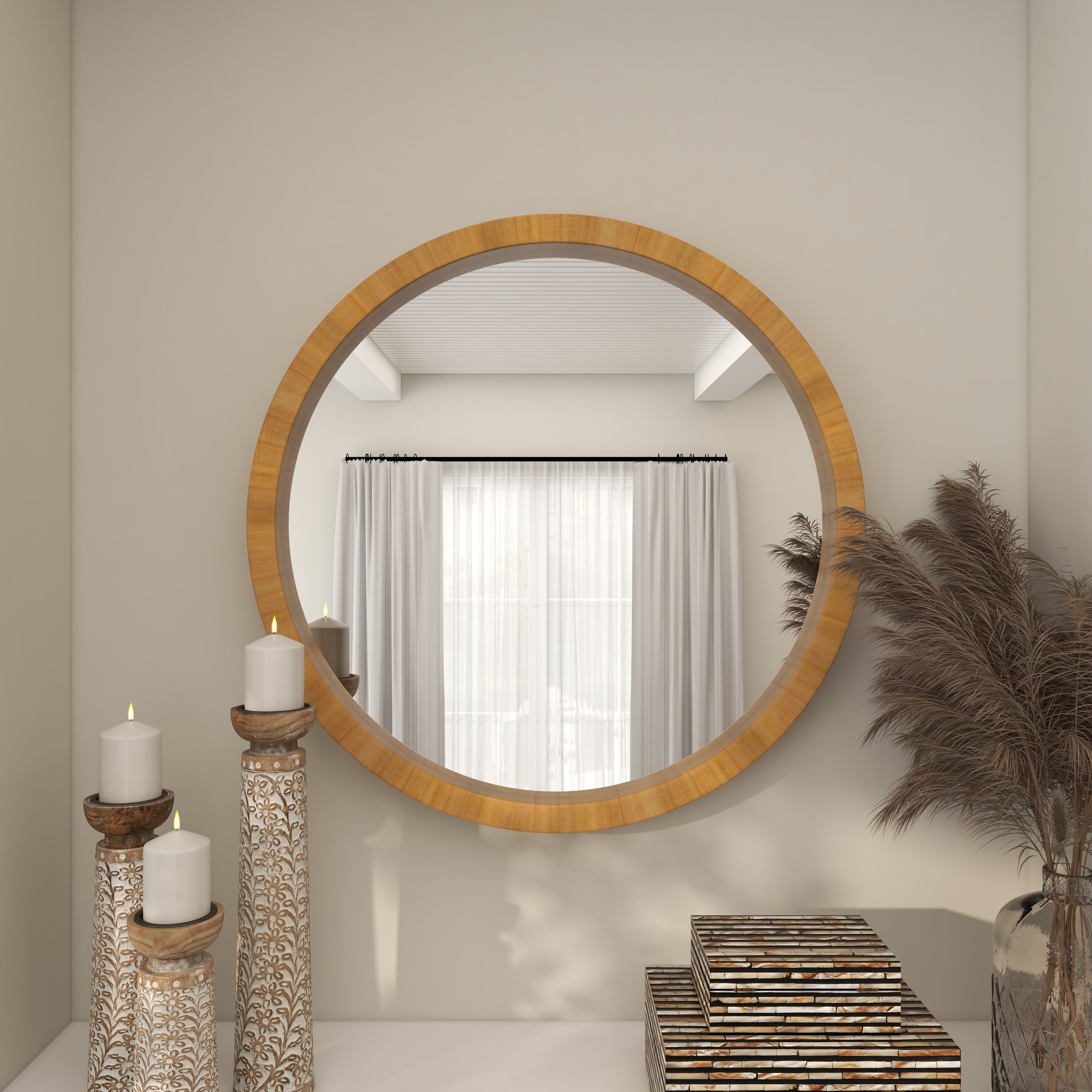 Natural Brown Round Wood Wall Mirror, 32"