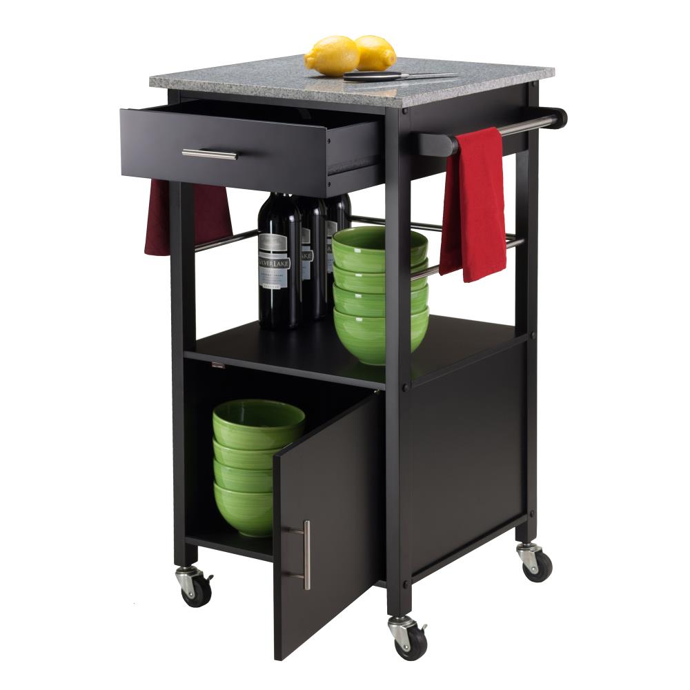 Winsome Wood Black Wood Base With Granite Top Rolling Kitchen Cart 18   10403743 