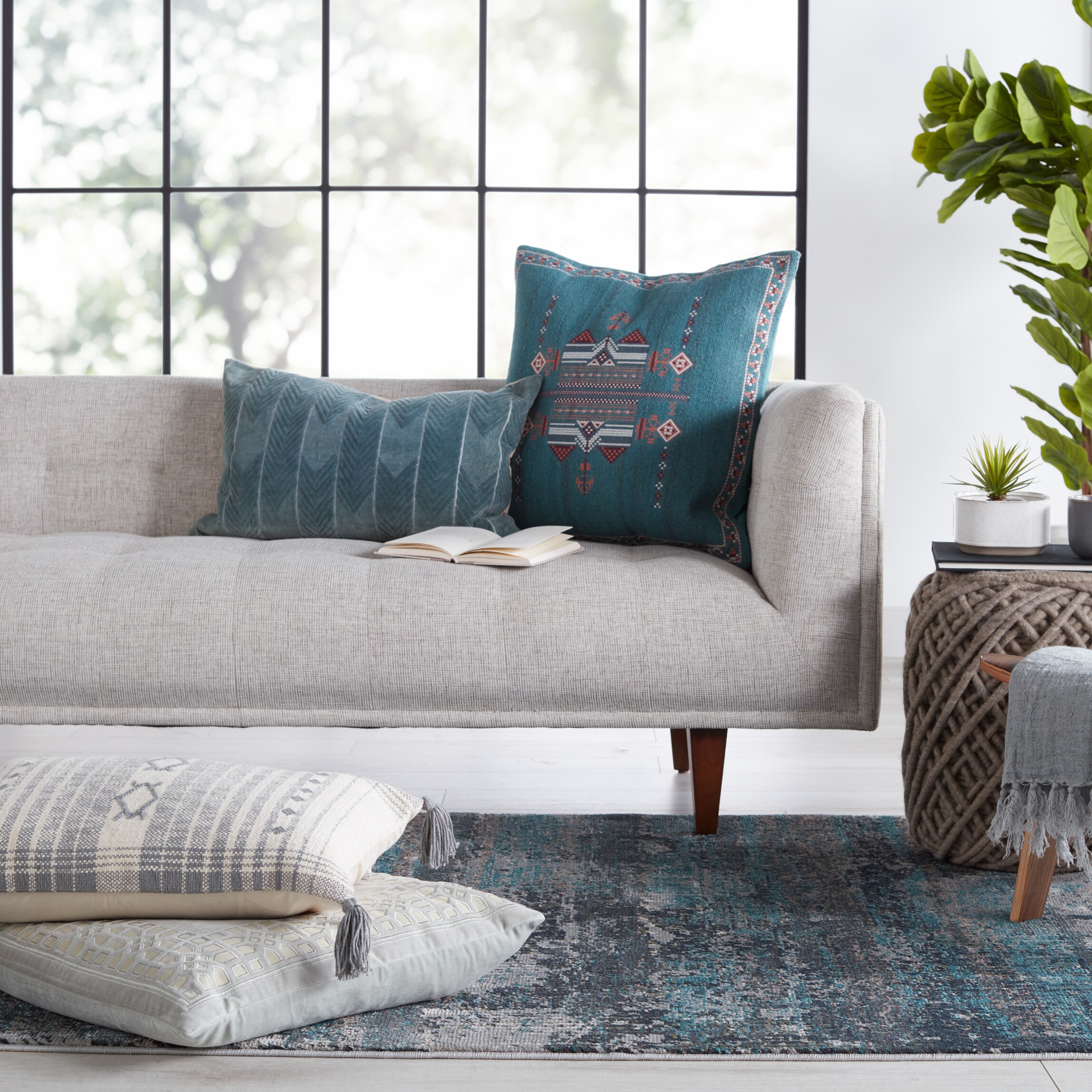 Myriad Aubra Abstract Fringe 3x12 Gray and Teal Area Rug