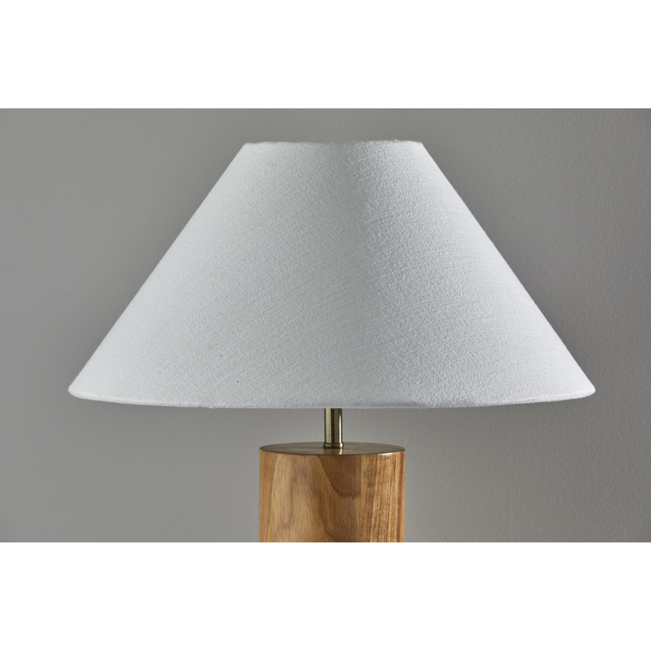 Antique Brass and Natural Oak Modern Table Lamp with White Shade