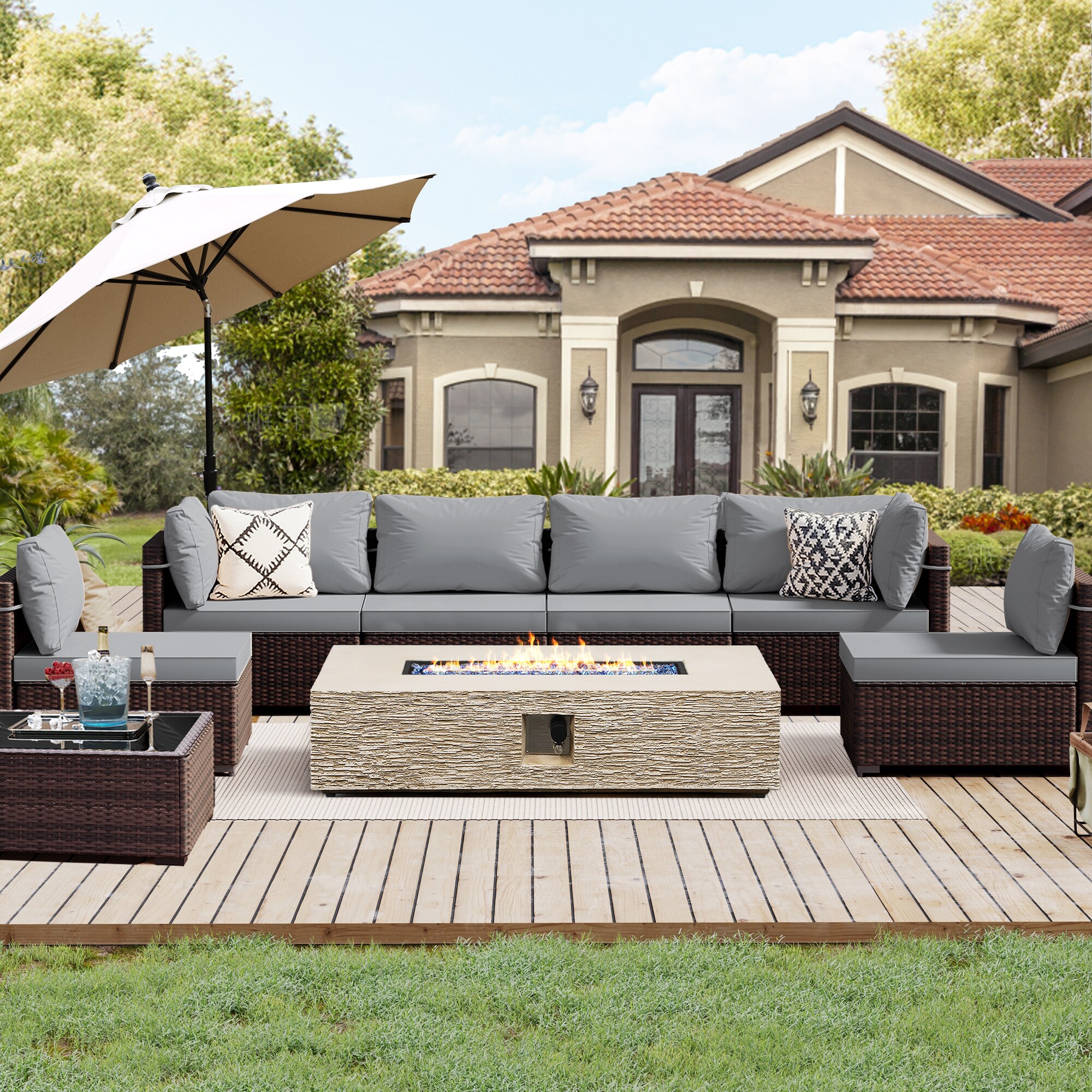 Patio Watcher LS-RT7-56HBE-B4 Rattan Sofa Set 8 -Piece Rattan Patio Conversation Set with Light Gray Cushions