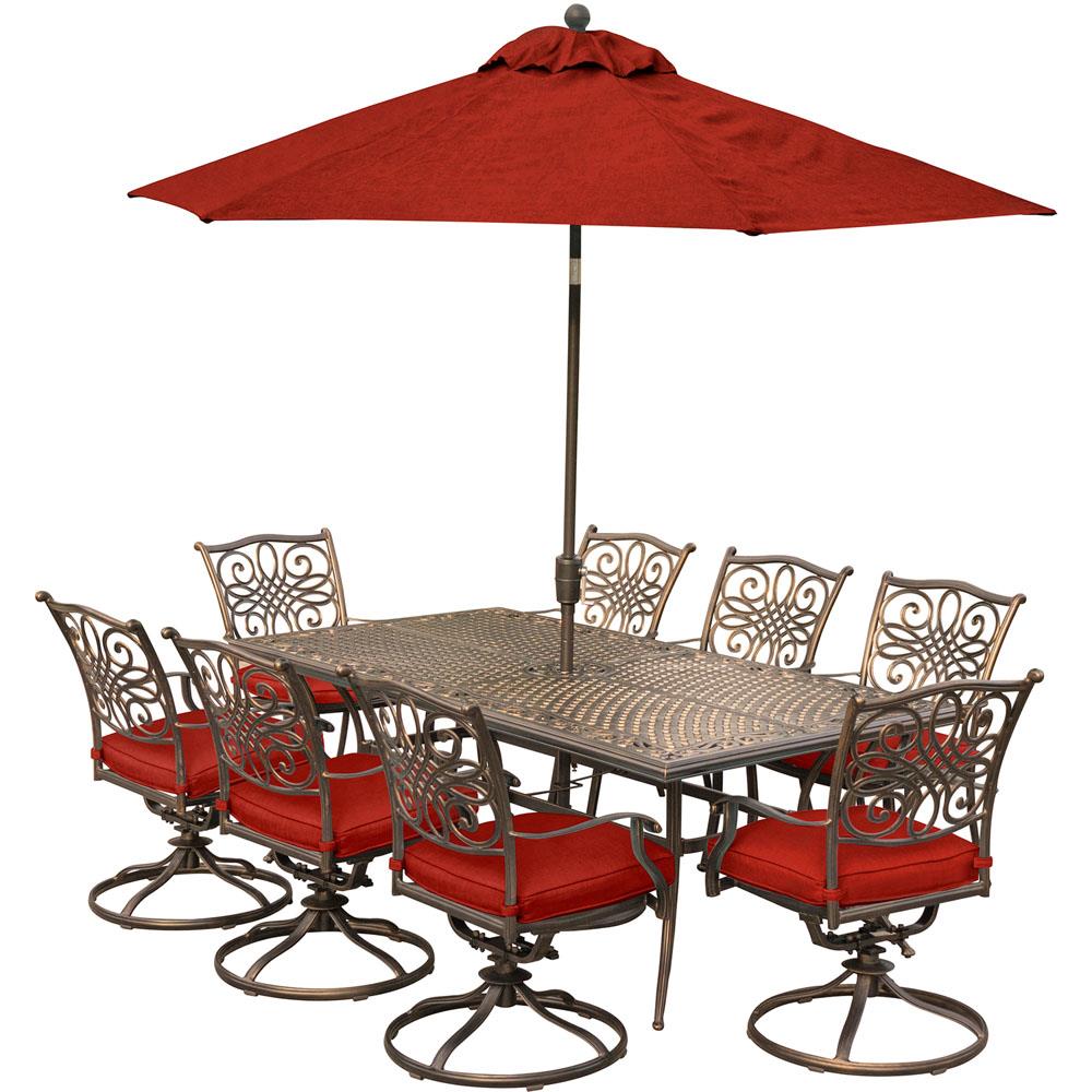 Hanover TRADDN9PCSW8-SU-R Traditions 11-Piece Bronze Patio Dining Set with Red Cushions